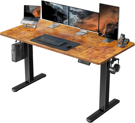 HUANUO 55 x 24 inch Electric Standing Desk, Height Adjustable Table with Headphone Hooks & Cable Manager, Sit to Stand up Desk for Home Office, Vintage Brown