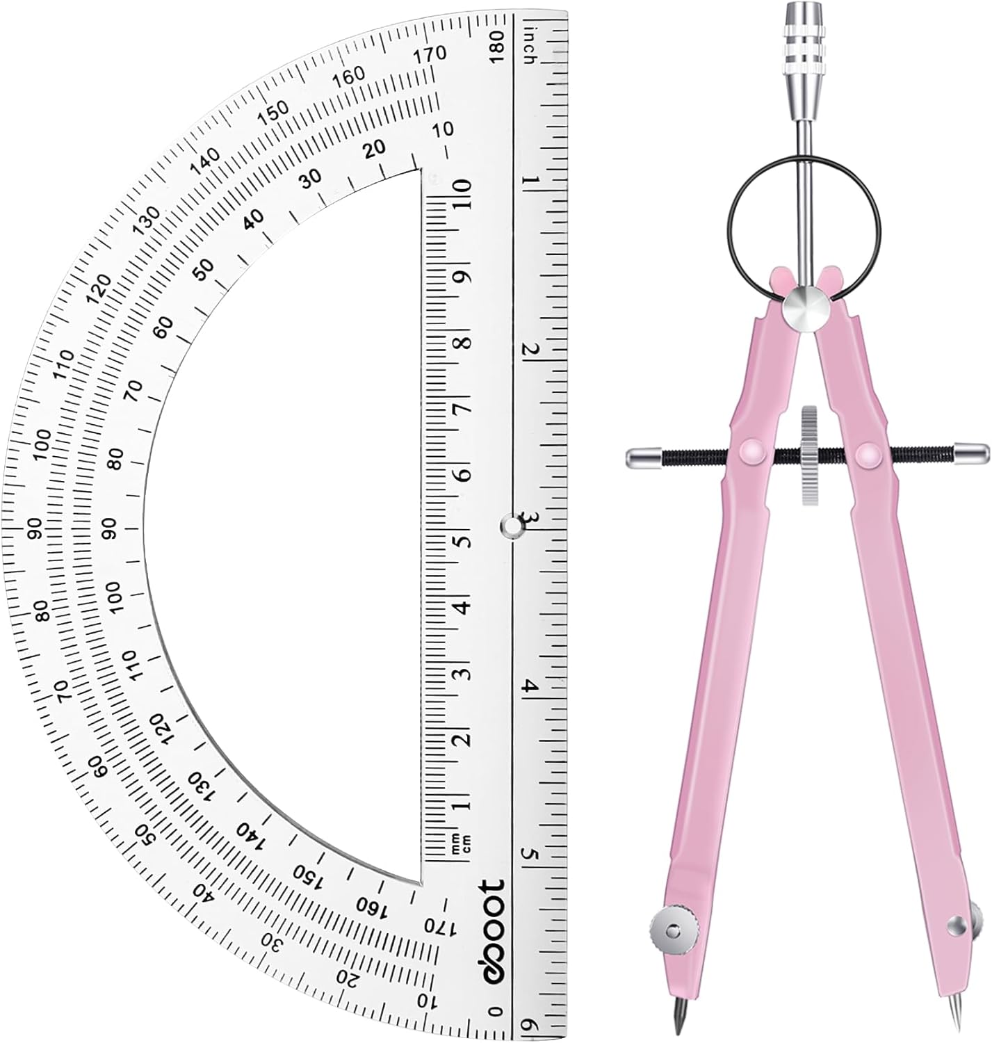 EBOOT Student Geometry Math Set, Drawing Compass and 6 Inch Clear Swing Arm Protractors 180 Degree Math Protractor (Pink)