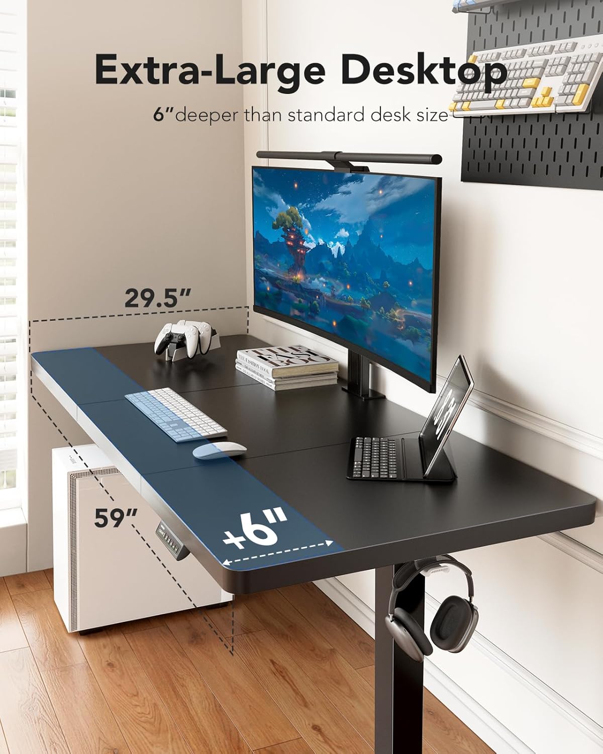 HUANUO 60 x 30 inch Large Standing Desk, Powerful Brushless Motor Large Height Adjustable Table, 4 Memory Preset Stand Up Work Station Sit Stand Desk, Home Office with Thick T-Shaped Frame