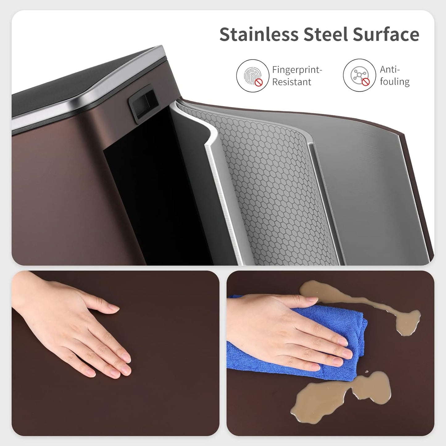 Arlopu 16 GallonStainless Steel Trash Can, 60L Dual Compartment, Metal Kitchen Step Recycle Bin, Metal Double Dustbin, in-Home Garbage Rubbish Can W/Removable Liner Buckets (Brown)