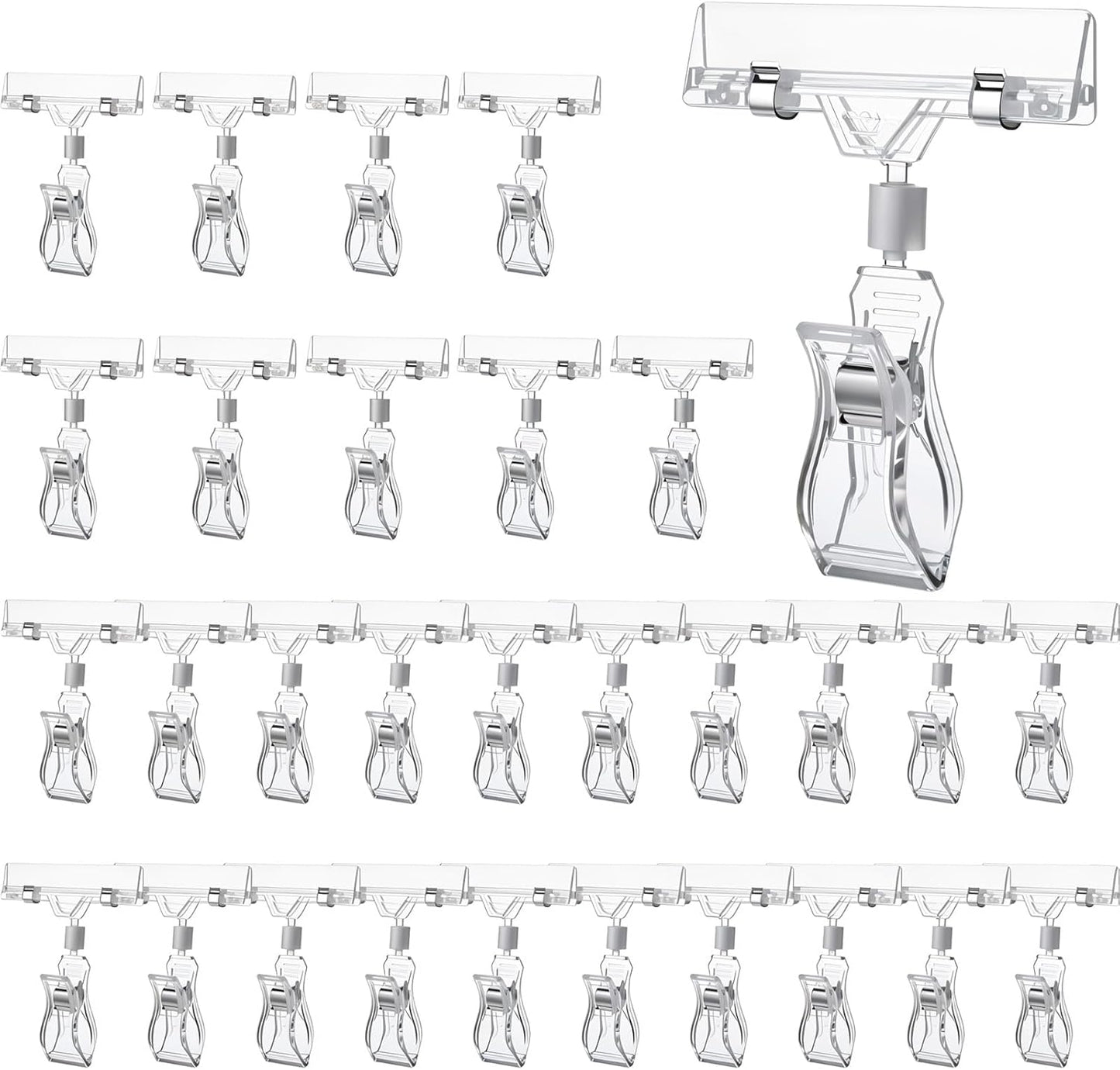 30Pcs Clear Sign Holder Clips for Retail Display, Plastic Price Sign Clamps Label Tag Acrylic Clips, Merchandising Rotatable Pop Clip for Retail Rack, Baskets or Cards