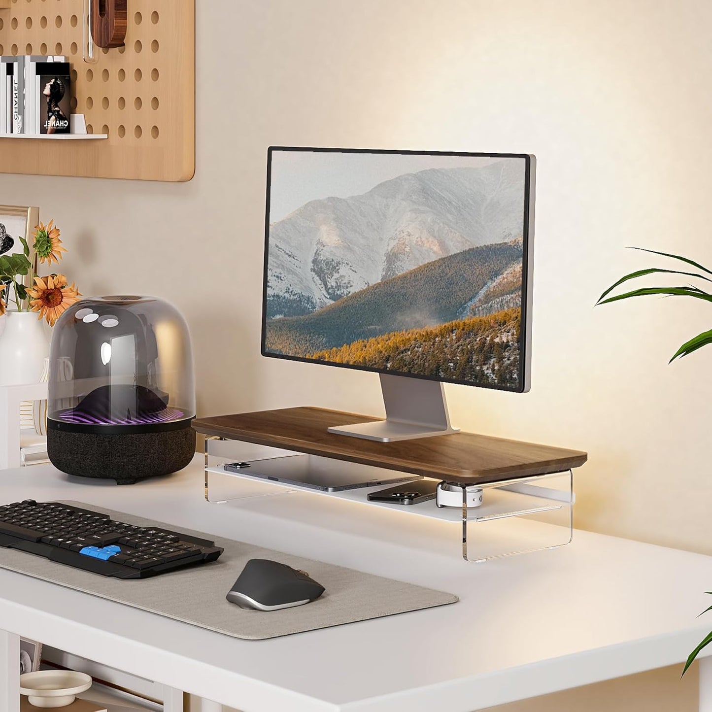 Fenge Acrylic Monitor Stand Riser, 23.6 Inches Monitor Stand with Metal Storage, 2 Tier Acrylic Computer Riser for Desk, Clear Laptop Stand for PC, Laptop, Printer, TV