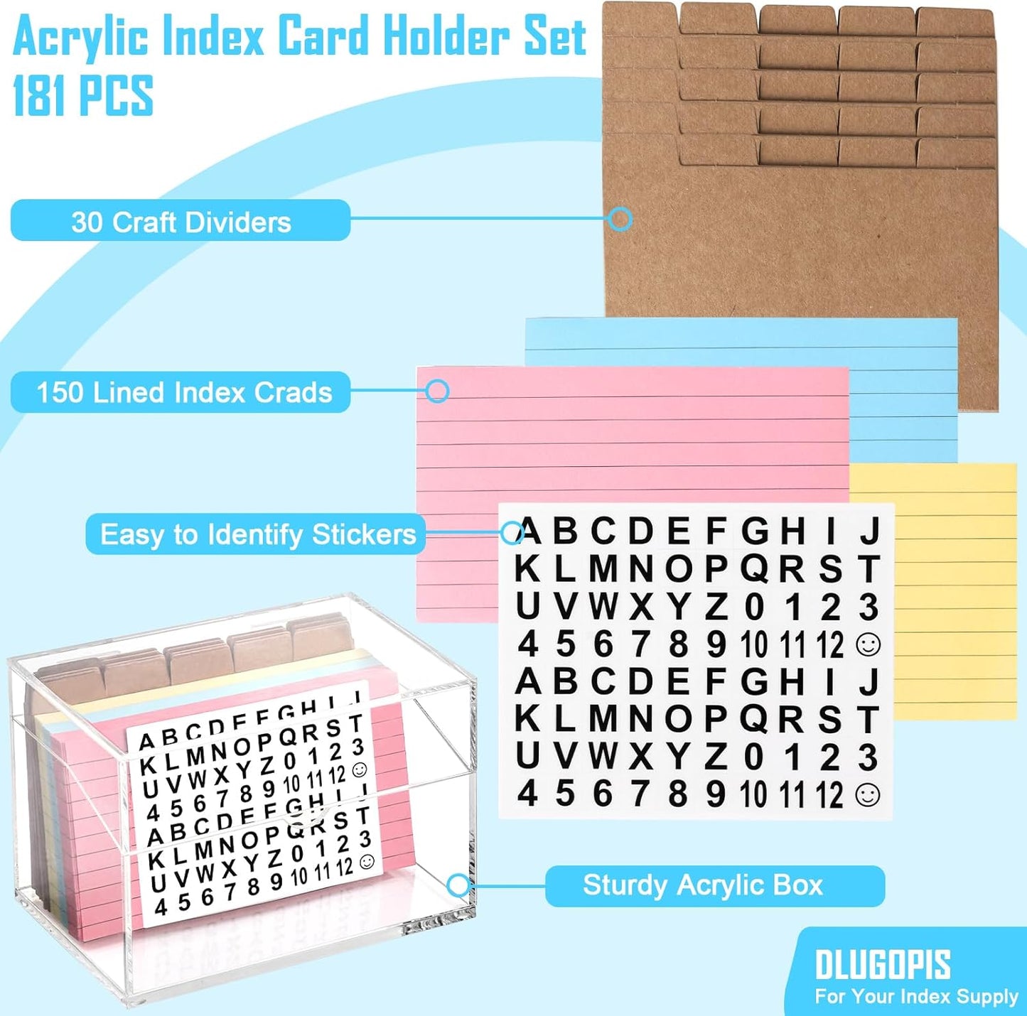 3 x 5 Inch Acrylic Index Card Holder Clear Flash Card Holder Recipe Card Box 150 Pcs Ruled Lined Index Cards 30 Pcs Kraft Dividers A to Z Stickers For Holds 400 A-Z Tabs Note Cards Business Cards