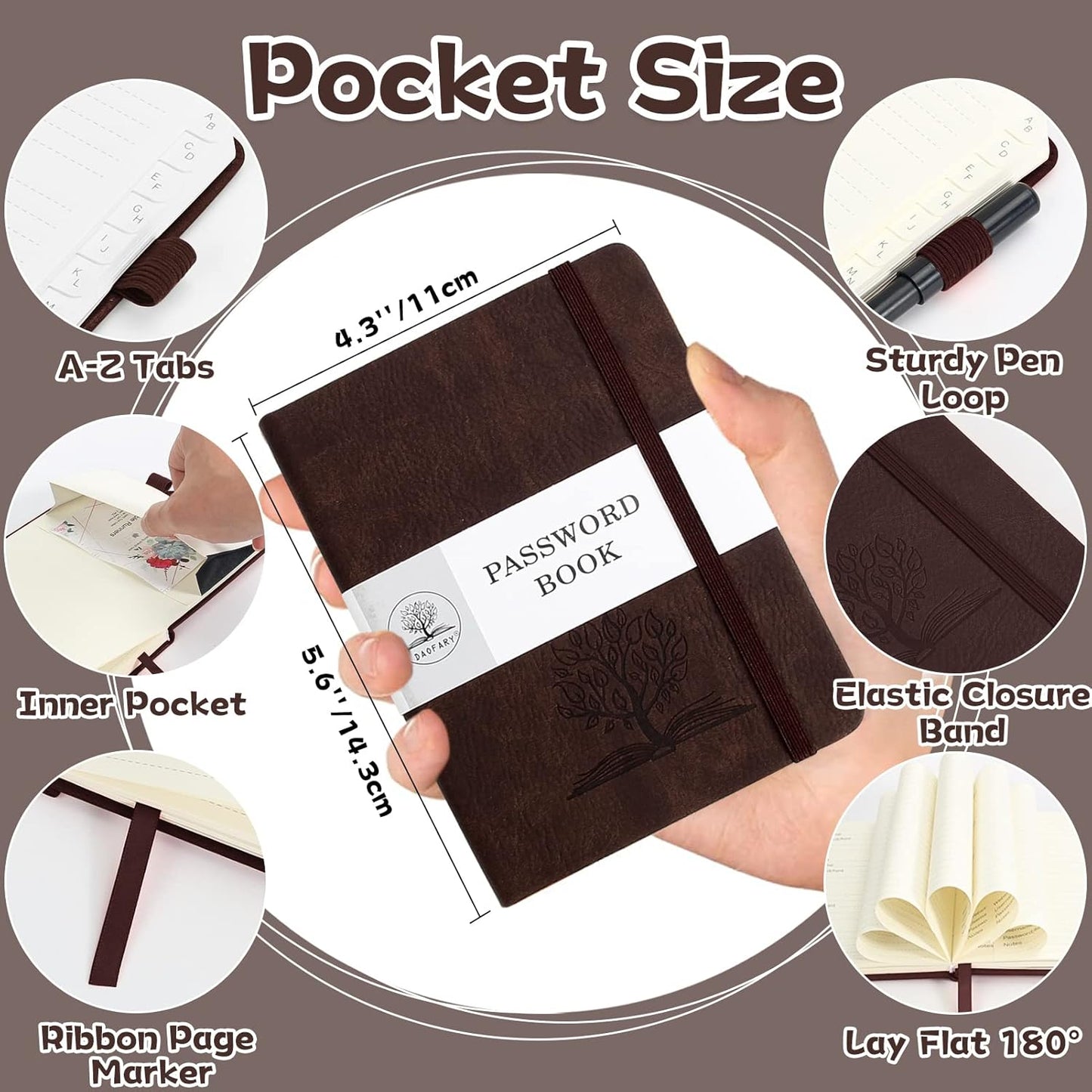 DAOFARY Password Book with Alphabetical Tabs - Small Password Keeper Book (5.6 * 4.3 in) with Inner Pocket, Hardcover Password Keeper Notebook for Log Internet Website Information (Dark Brown)