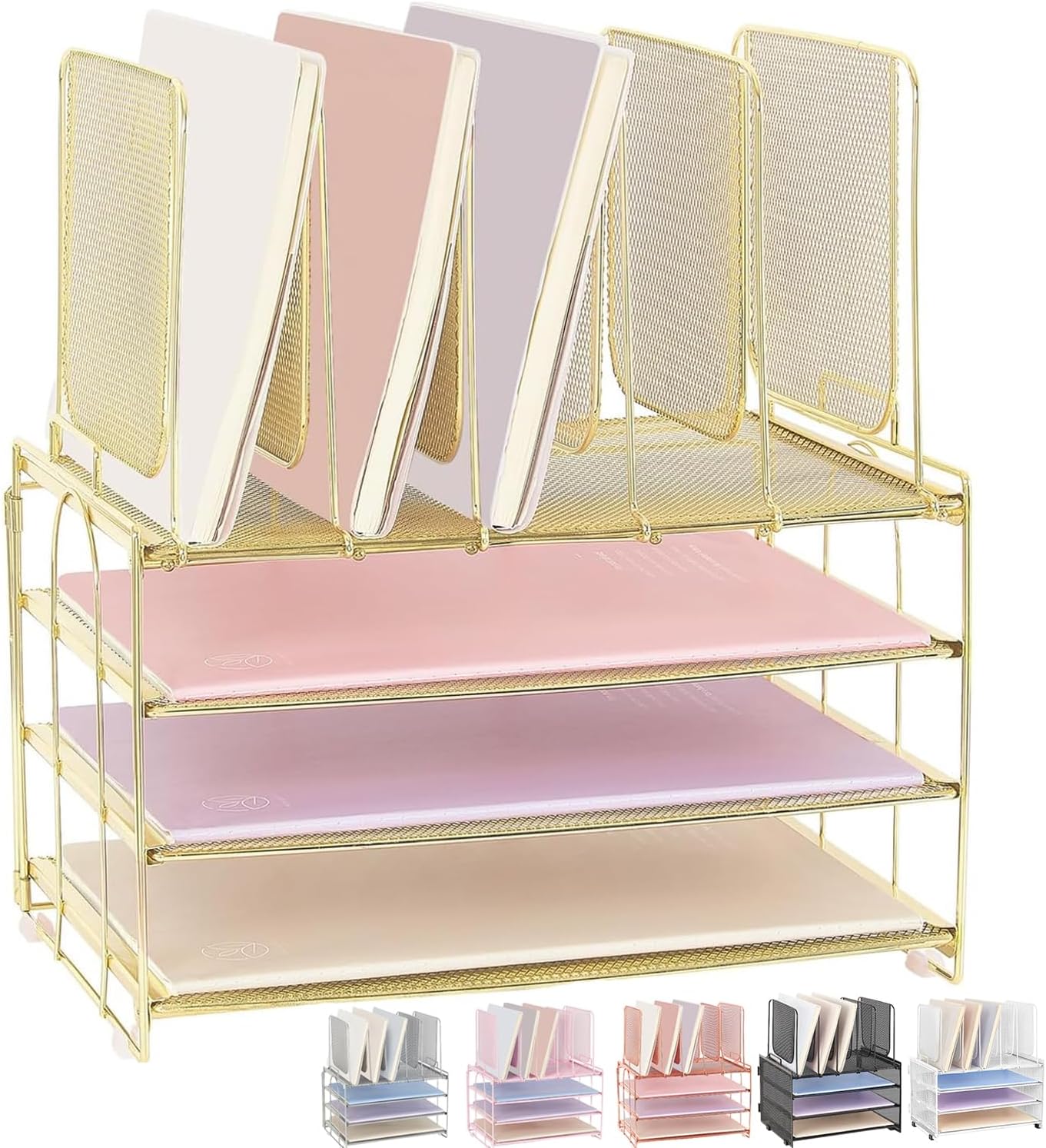 Desk Organizers and Accessories, 3-Tier Paper Organizer with 5 Vertical File Holders, File Organizer for Desk, Desk Accessories & Workspace Organizers (Gold, 3T)