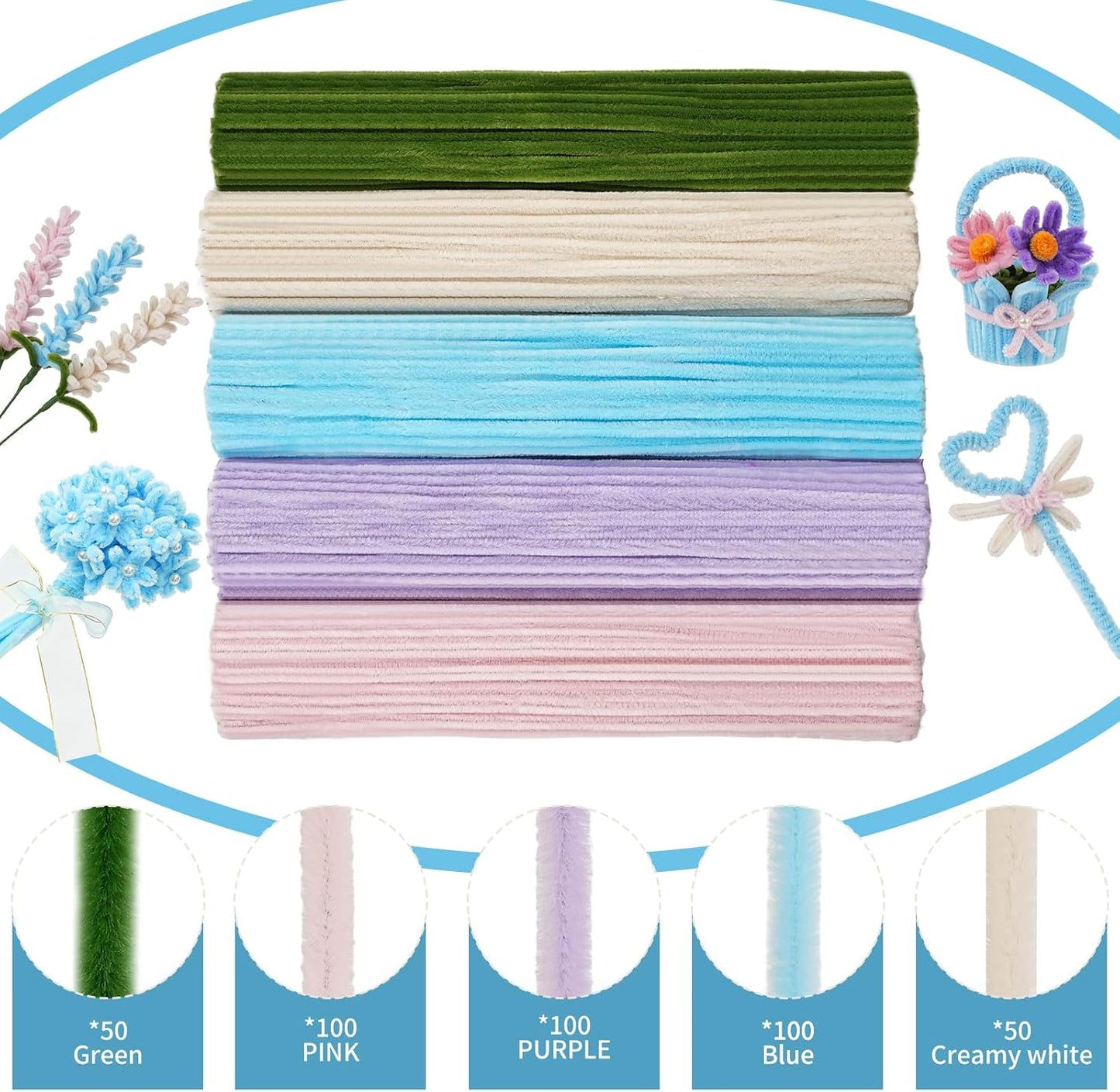400 Pcs Craft Pipe Cleaners Flowers,5 Assorted Colors Chenille Stems Bulk with Floral Wires, Gardening Tape,Greeting Card,Bouquet Paper,Hot Glue Stick,Pearl & Ribbon,Ideals for Various Types Decor