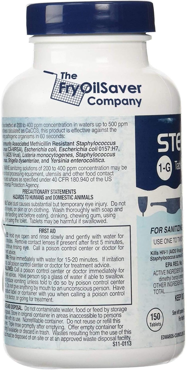 2 Bottles Steramine Sanitizer Tablet 15xQT-10 Test Strip, Multi Purpose Steramine Sanitizing Tab for Food Contact Surface Kitchen, Restaurant, Diner & Food Service by FryOilSaver Co. (300 Tablets)