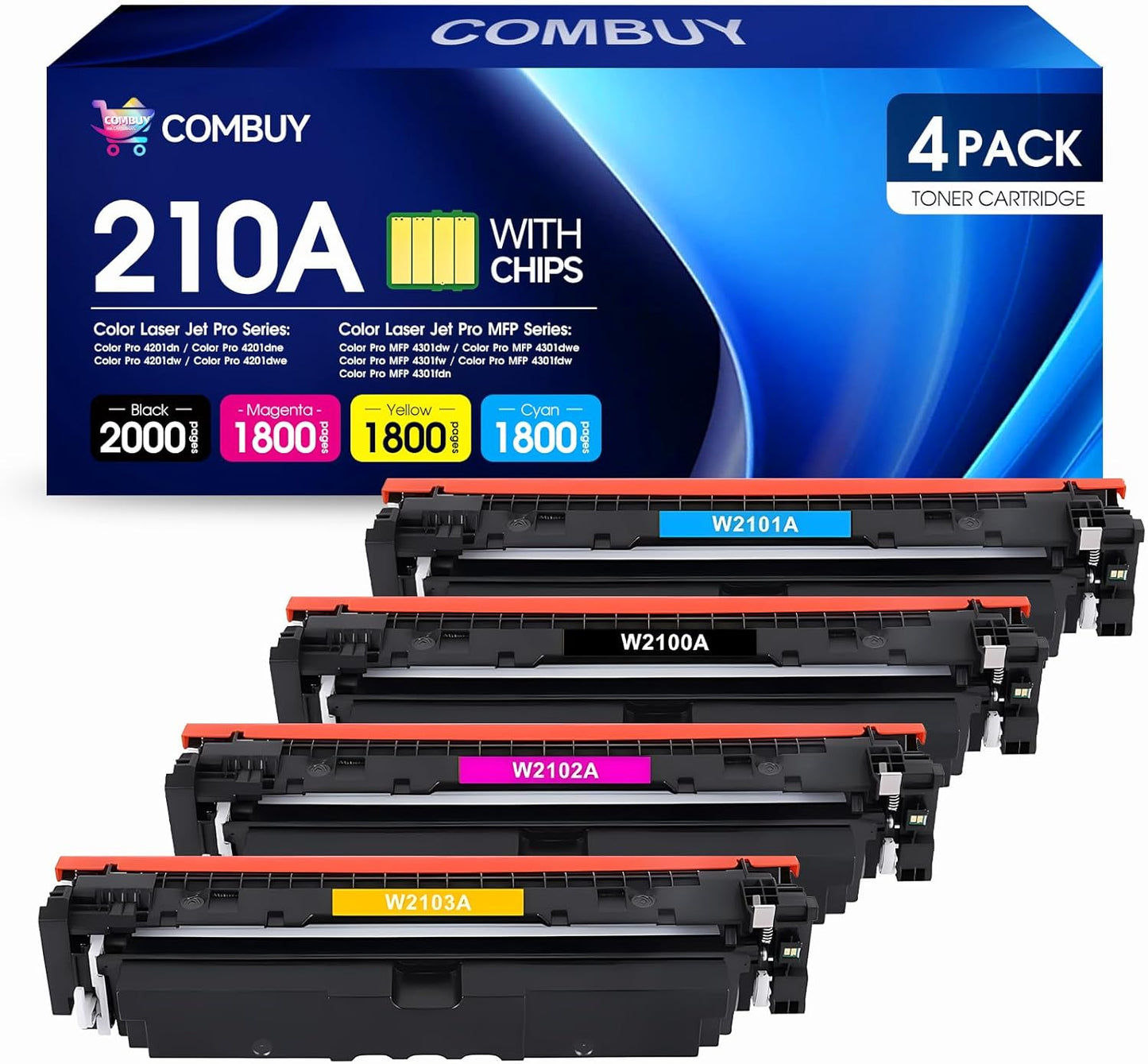 210A Toner Cartridges 4 Pack 210X Replacement for HP 210A W2100A 210X W2100X High Yield for HP Color Laserjet Pro MFP 4301fdw 4301fdn Pro 4201dw 4201dn Series Printers (BK/Y/C/M, with Chip)