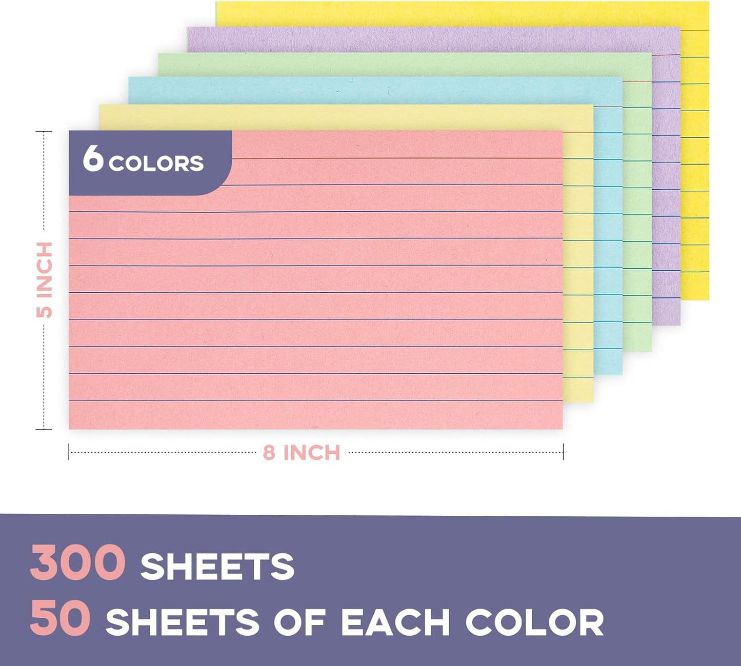 300Pcs Colored Index Cards 5x8, Goefun Lined Flashcards, 6 Color Notecards for Studying, Recipes, Memo Cards, Office Supply, To Do List, Presentation