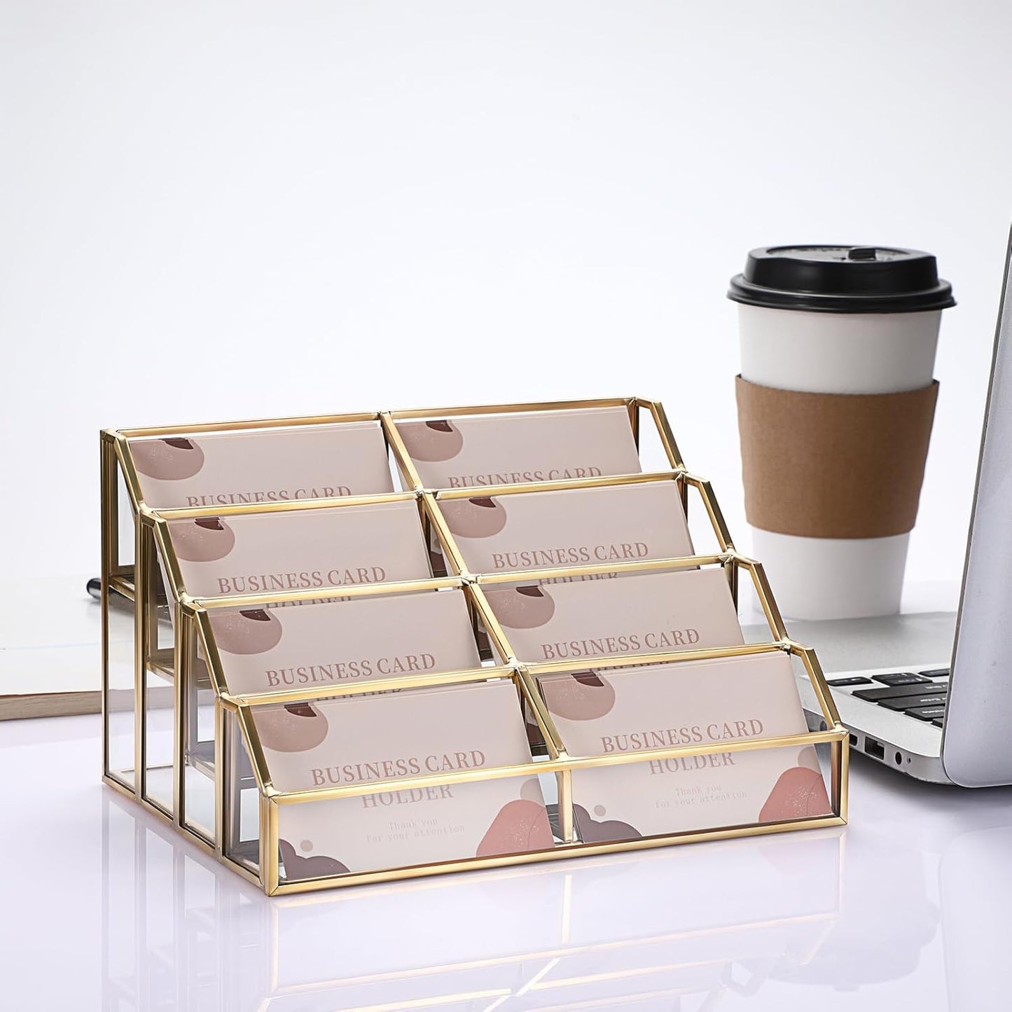 Hipiwe Mirrored Glass Business Card Holder Gold Business Card Display Stand for Desk Multiple Clear Business Card Holder Display for Office Desktop Cards Display Stand for Women Men, 8 Slots