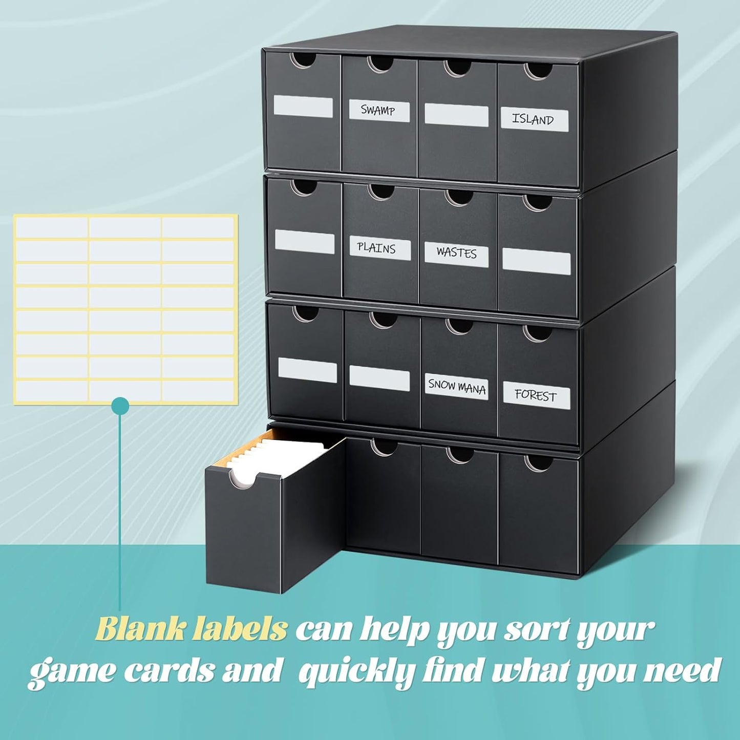 Cholemy Trading Card Storage Box 15000+ with 70 Cardboard Storage Divider, Label Sticker for Collection Compatible with TCG, Sport Cards(8 Row, 4 in A Row,Black)