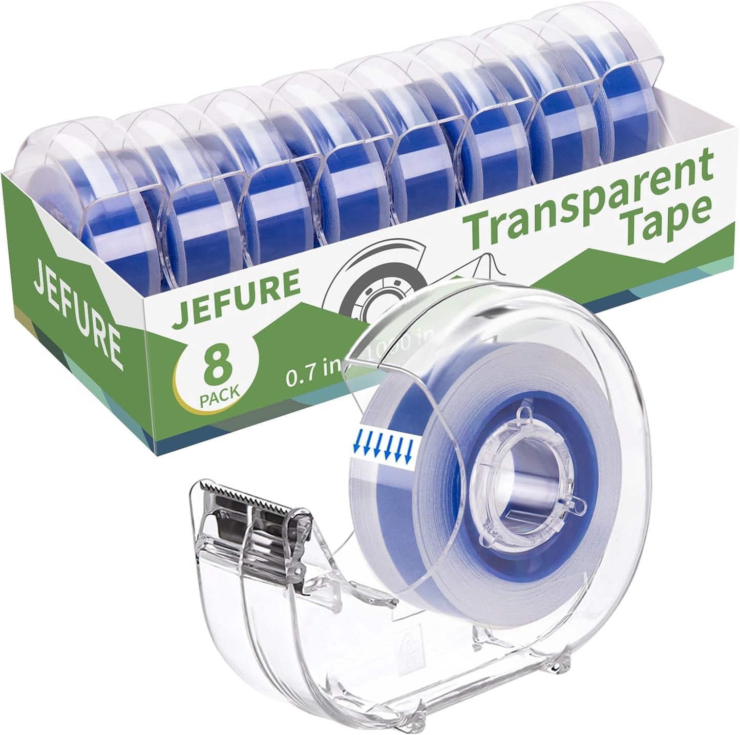 8 Pcs Transparent Tape with Dispenser, 0.7 x 1000 in Blue Core Clear Tape Rolls Bulk, Office Tape Refills for Desk, Craft, and Gift Wrapping