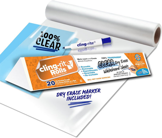 Clingers Clear Dry Erase Cling-rite Rolls - Removable, Recyclable Whiteboard Sheets, 20x30 Inch, 20 Clear Sheets for School, Office Decor, and Art Projects & Dry Erase Marker Included - American Made