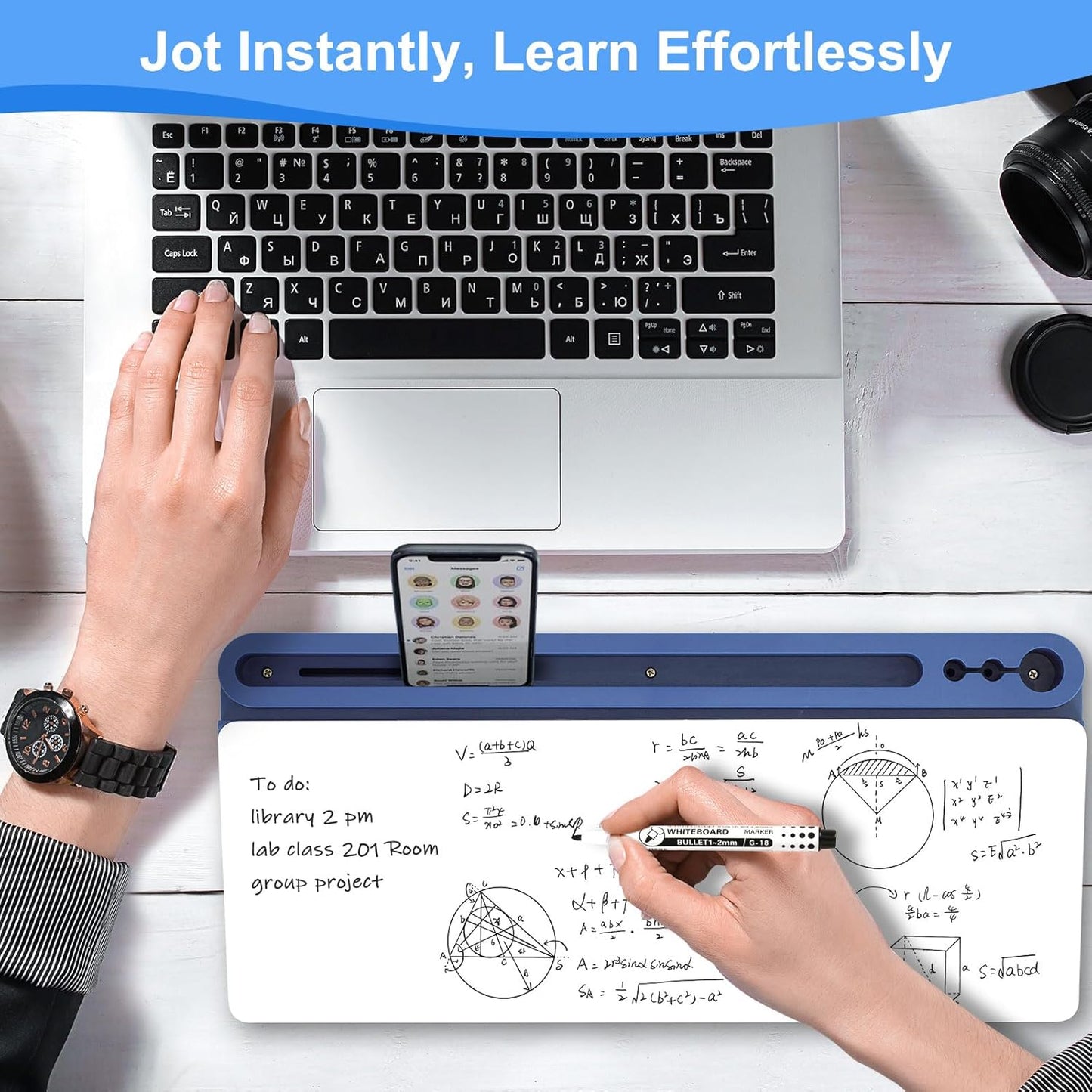 Glass Desktop Whiteboard with Storage, Desk White Board with Computer Keyboard Stand,White Dry Erase Board with Drawers for Home,School,Office - Blue