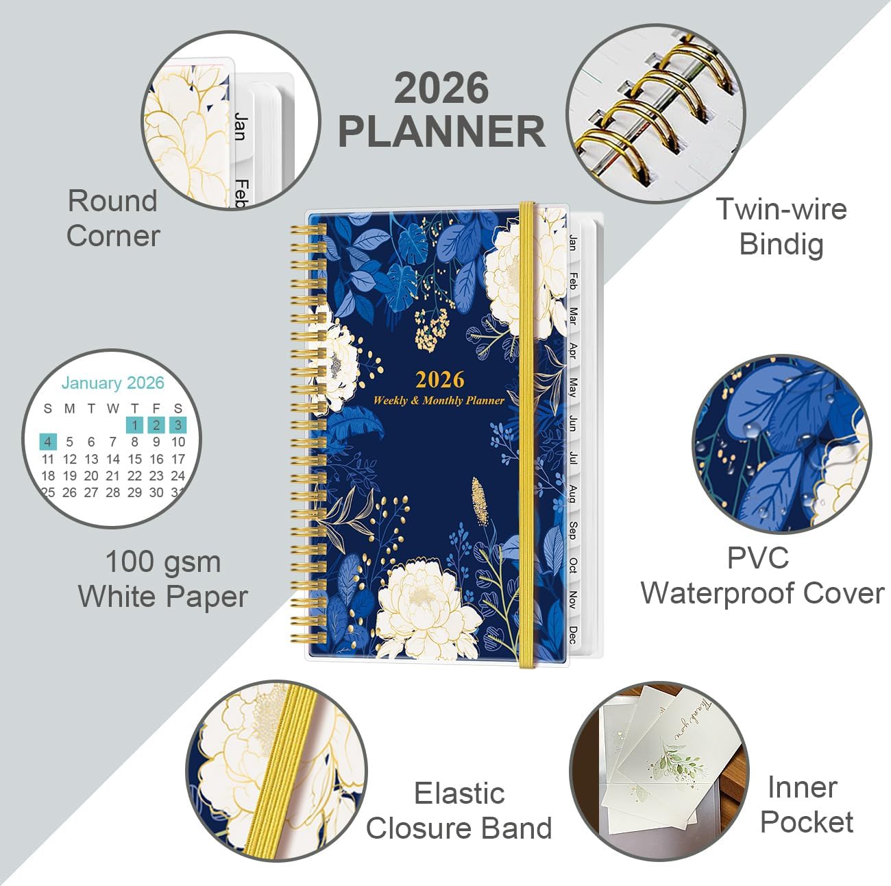 2026 Pocket Planner/Calendar - 2026 Planner from January 2026 - December 2026, Planner 2026 with 12 Tabs, Twin-Wire Binding, Inner Pocket, 3.75" x 6.75, Blue Leaf Flower