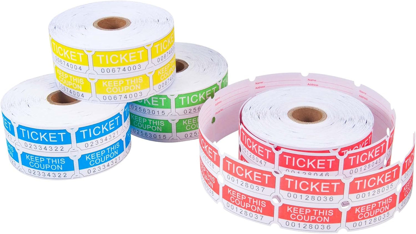 ESSENTIAL 4000 Assorted Double Raffle Tickets Set of 4 Assorted Color Printable for Leisure, Movie Watching, Entertainment