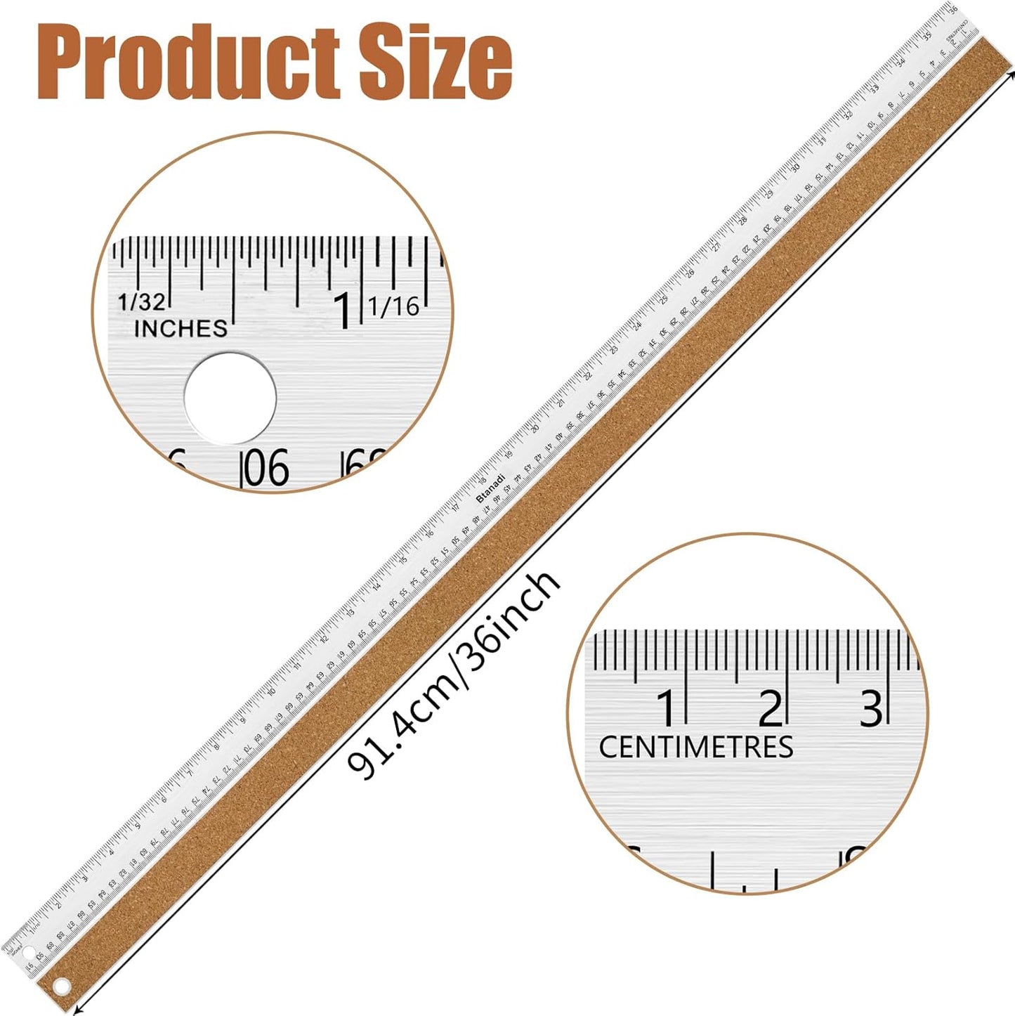 36 Inch Metal Ruler, Stainless Steel Straight Edge Ruler with Cork Backing, Non-Slip Imperial & Metric Measuring Tool for School, Office, Woodworking, Drafting
