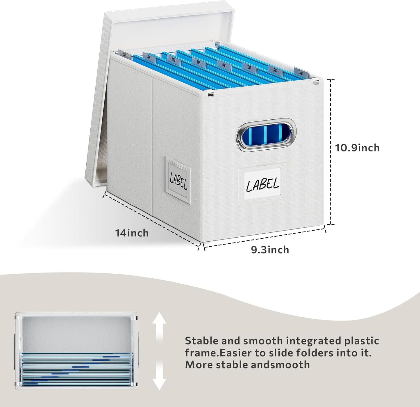 File Organizer Box with Lid - Set of 2 Portable Hanging File Box, Collapsible Linen Decorative Filing Storage Boxes for Office & Home File Cabinet (White 14 x 9.3 x 10.9 inch)