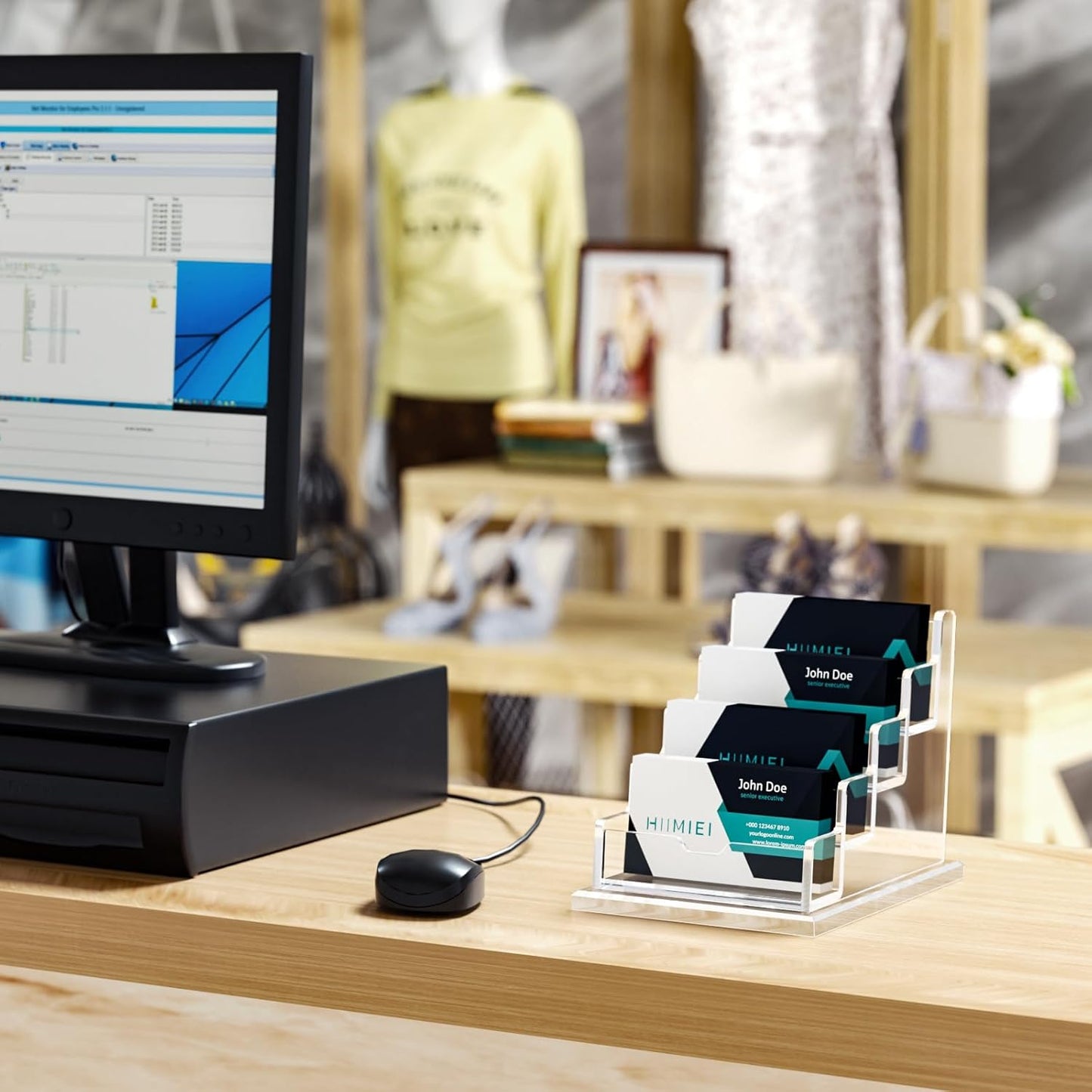 HIIMIEI Acrylic Business Card Display, Multiple Card Holder for Office, Home, Restaurant - 4 Slot 4 Tier