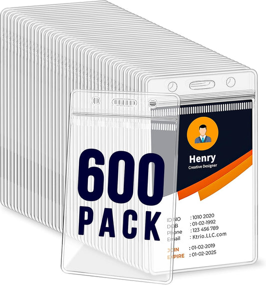 600 Pack Badge Holder, Plastic ID Badge Holder, Clear Waterproof ID Card Holder with Resealable Zip, 2.5" x 3.8" Vertical Name Tag Holder for Nurses and Office, Fits ID Card/Credit Card/Student Card