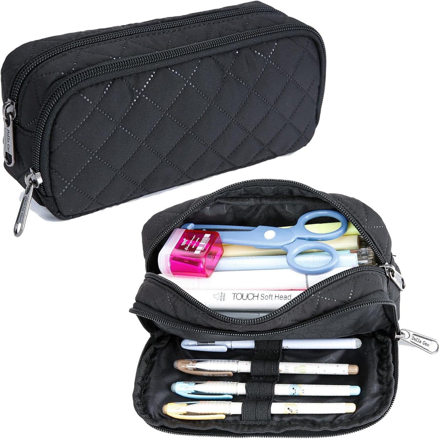 Della Gao Pencil Case Large Capacity Pencil Pouch Soft Quilted Pen Bag Office Stationery Organizer Sturdy Pencil Bag for Men Women - Black