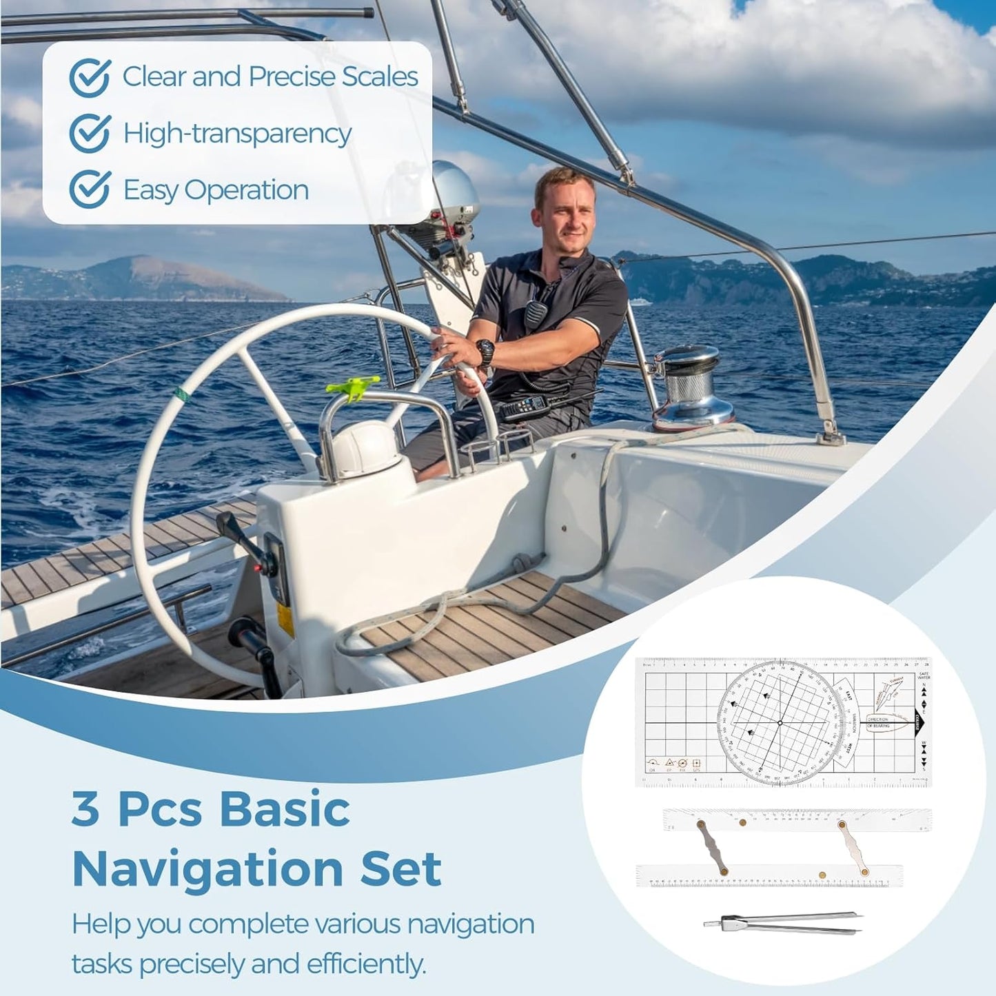 3 Pcs Basic Navigation Set, Including Marine Parallel Ruler, Nautical Protractor, and Navigation Fixed Point Divider, Marine Accessories with Clear Scales for Boat