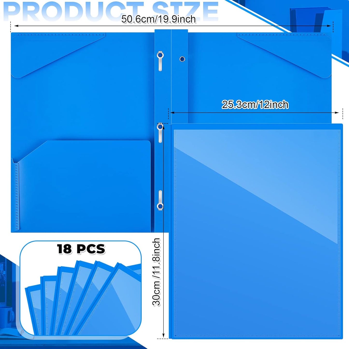 Henoyso 18 Pcs Plastic Folder with Clear Front Pocket and 3 Prong Plastic Folders with Card Slot Pocket Folders with Prongs for School Office (Blue)