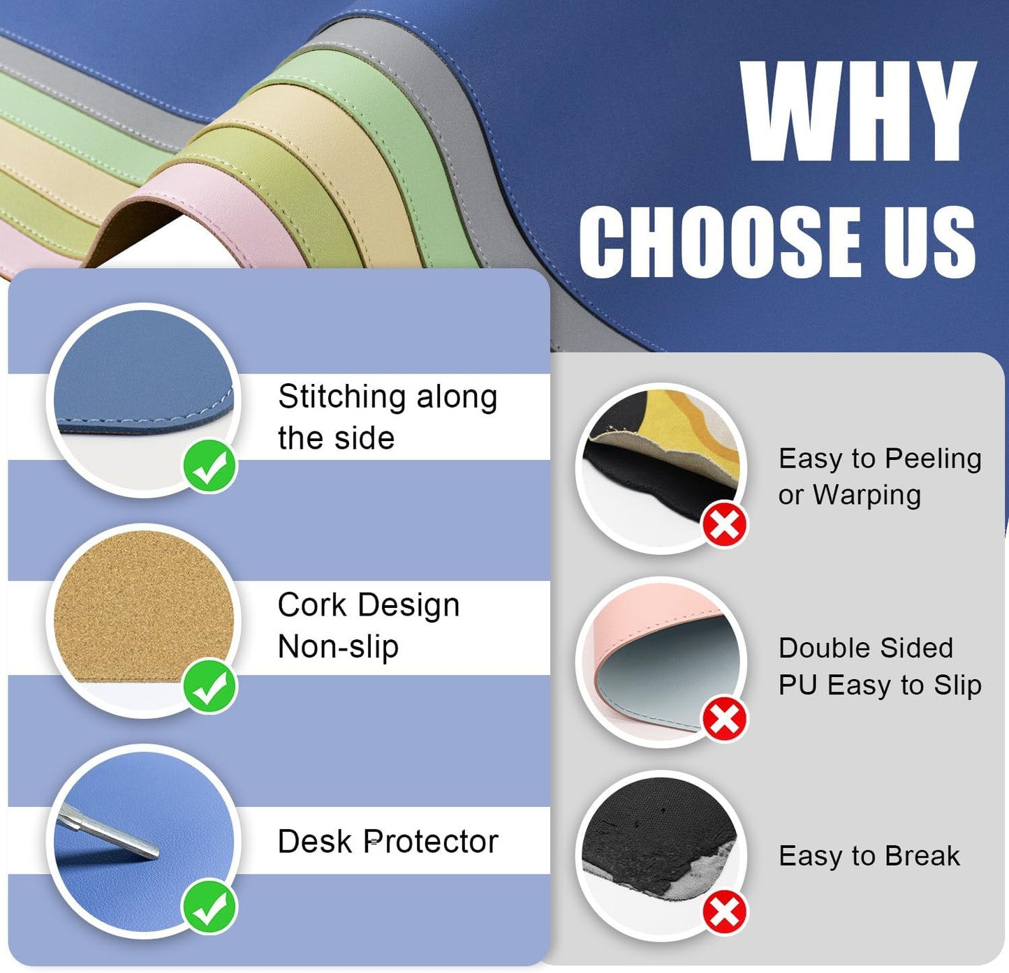 Dual-Sided Desk Pad, Natural Cork & PU Leather Mouse Pad for Desk, Desk Pad Protector, Non-Slip Desk Mat for Office and Home Work, (Lake Blue, 23.6" x 13.7")