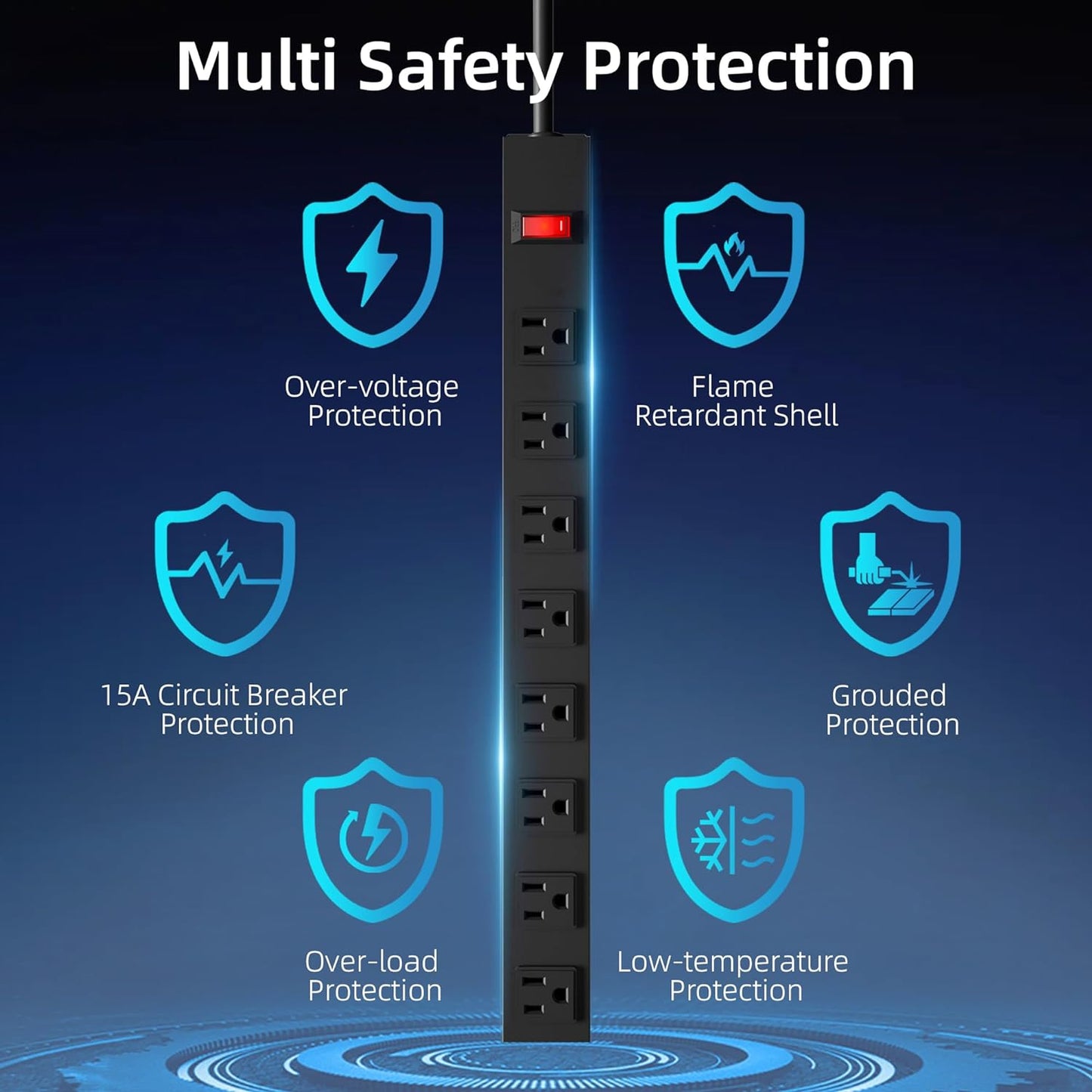 8 Outlets Heavy Duty Power Strip with 8 Ft UL 14AWG Power Cord Straight Plug and Switch,Wide Spaced Shop Power Strip Metal for Commercial,Industrial,School and Home,15A 125V 1875W,Black(8FT)