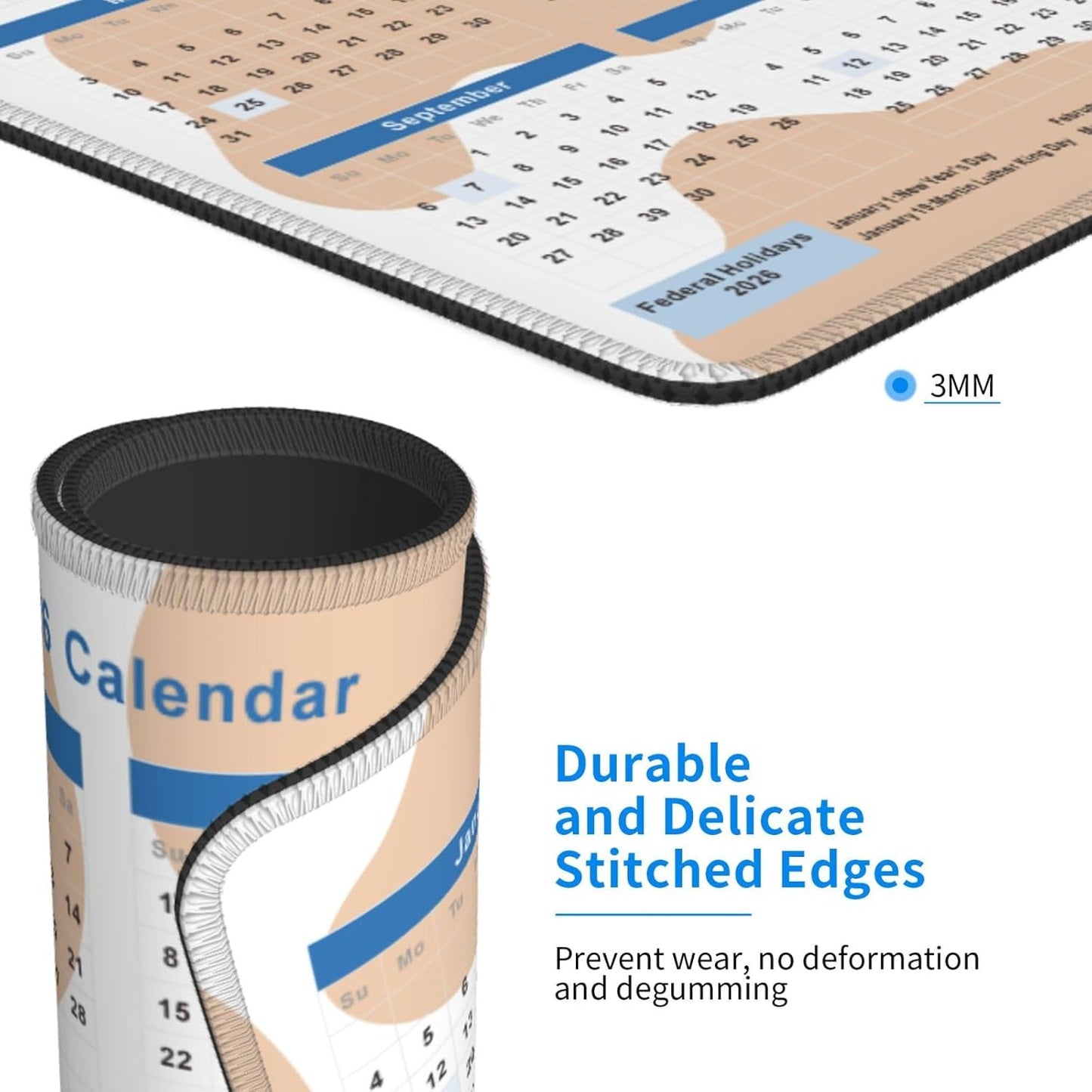 2026 Calendar Mouse Pad Cow Texture, Calendar with Holidays Mouse Pads, Non-Slip Rubber Base Mousepad for Office Desk Computers Laptop