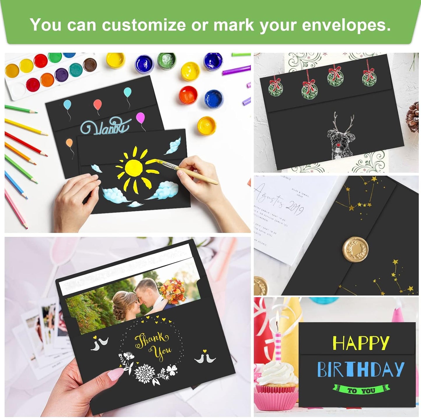 50 Packs 5x7 A7 Envelopes for Invitations, Photos, Greeting Cards - Self Seal for Weddings, Mailing (Black)