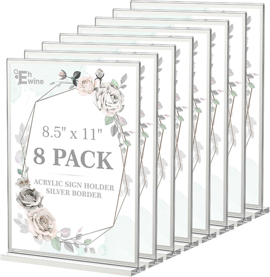 EHWINE 8 Pack Acrylic Sign Holder 8.5 x 11, Double-Sided Tabletop Silver Sign Holder, Clear Acrylic Picture Frame Menu Flyer Paper Holder Display Stand for Home Wedding Party (with Non-Slip Pads)