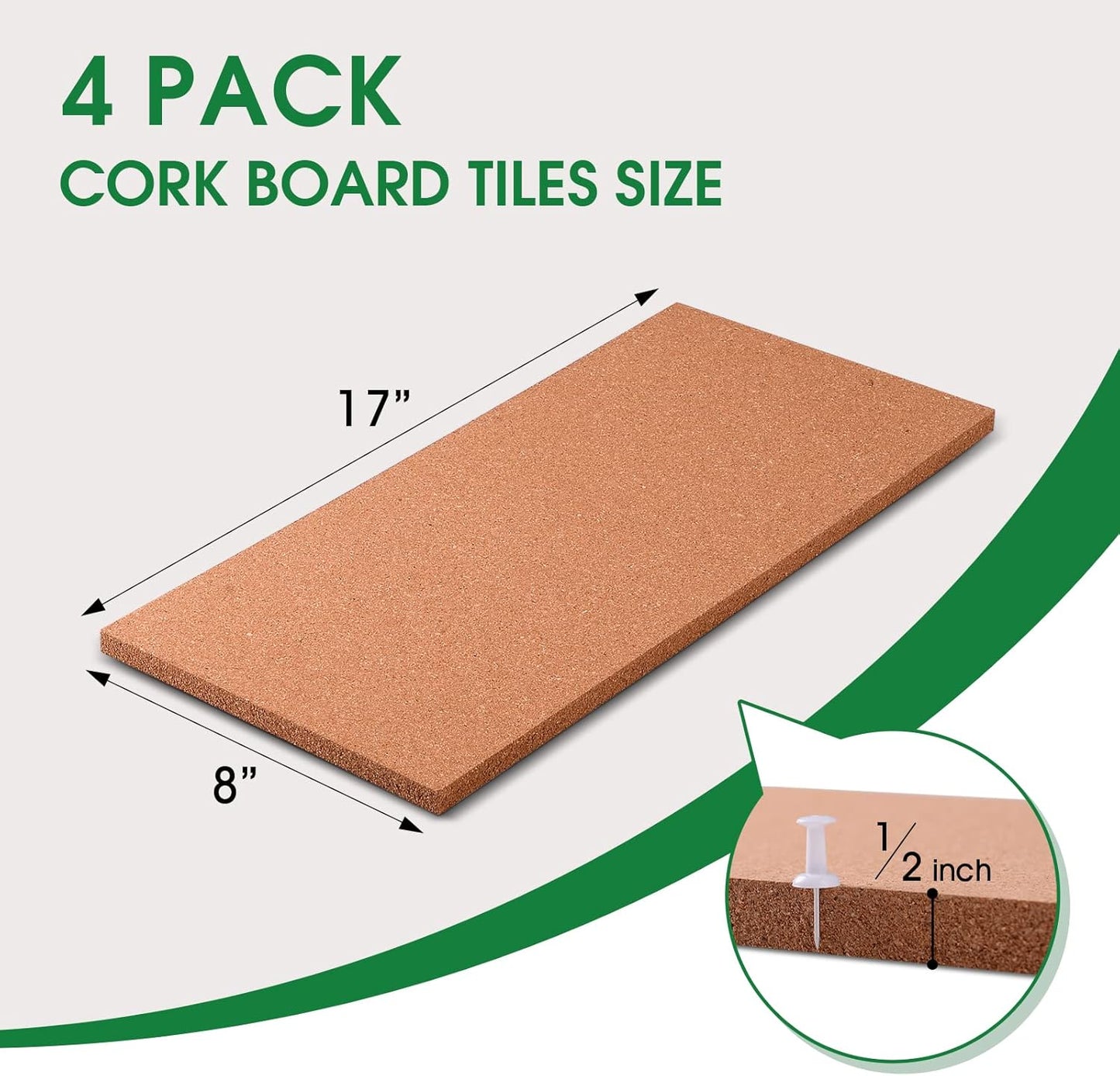 4 Pack Cork Bulletin Board 17"x8" - 1/2" Thick Cork Board Tiles,Self-Adhesive Frameless Cork Tiles Wall Decor for DIY, Office, School and Home Decor
