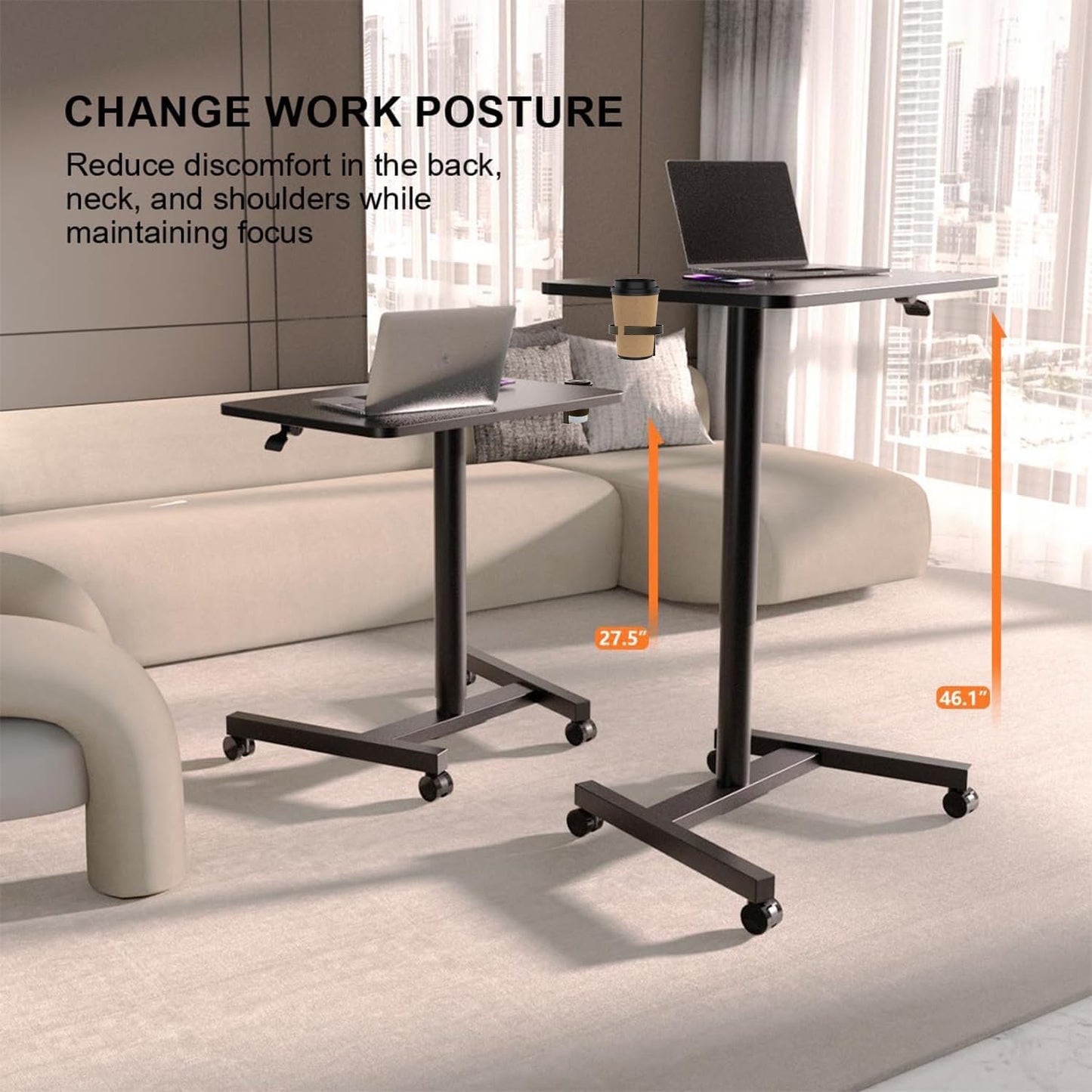 28-Inch Mobile Standing Desk Adjustable Height with Cup Holder, Portable Standing Desk with Lockable Wheels, Rolling Table for Home Office Classroom Hospital (Jet - Black)