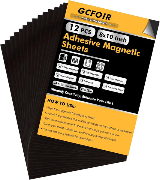 Adhesive Magnetic Sheets 8 x 10 Inch, 12 Packs Magnetic Sheets with Adhesive Backing - 0.5mm Thickness Flexible Magnet Sheets for Dies Storage, Craft Projects, Photos, School, Office