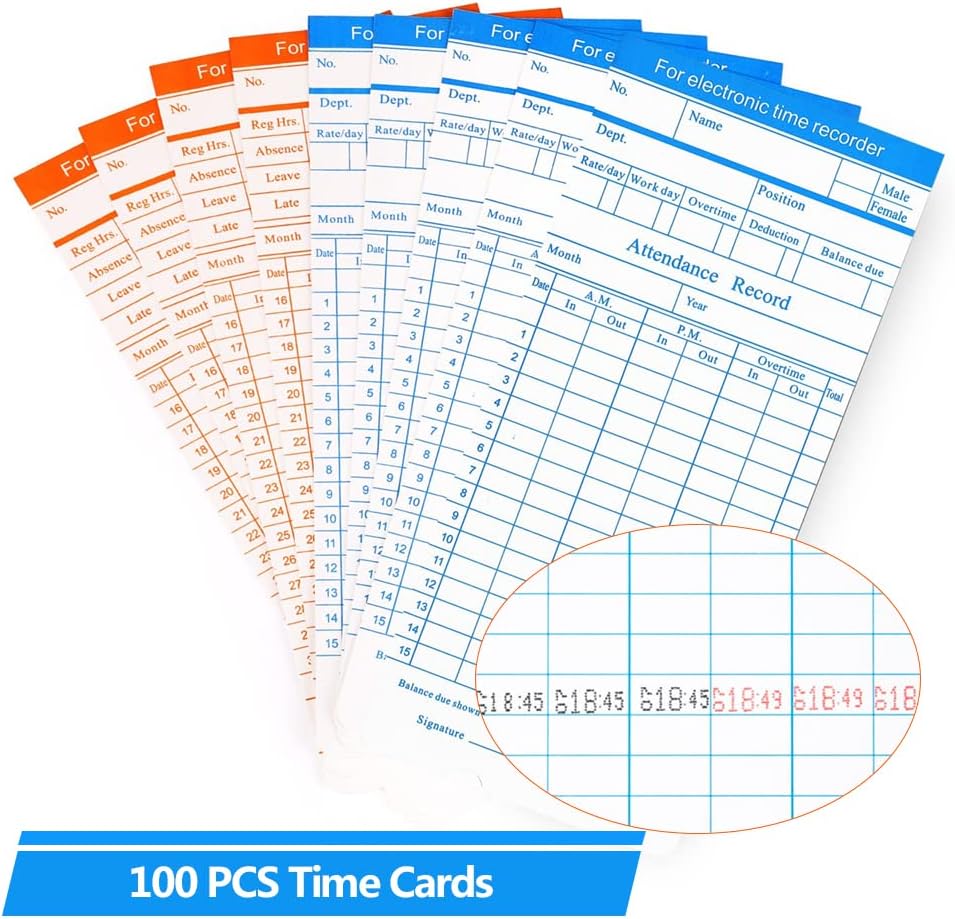 100-Piece Time Cards for Employees, Monthly Time Cards 2-Sided, 2-Color Timecards for Time Clocks, Blue/Orange Print, 7-3/8 x 3-3/8 Inch