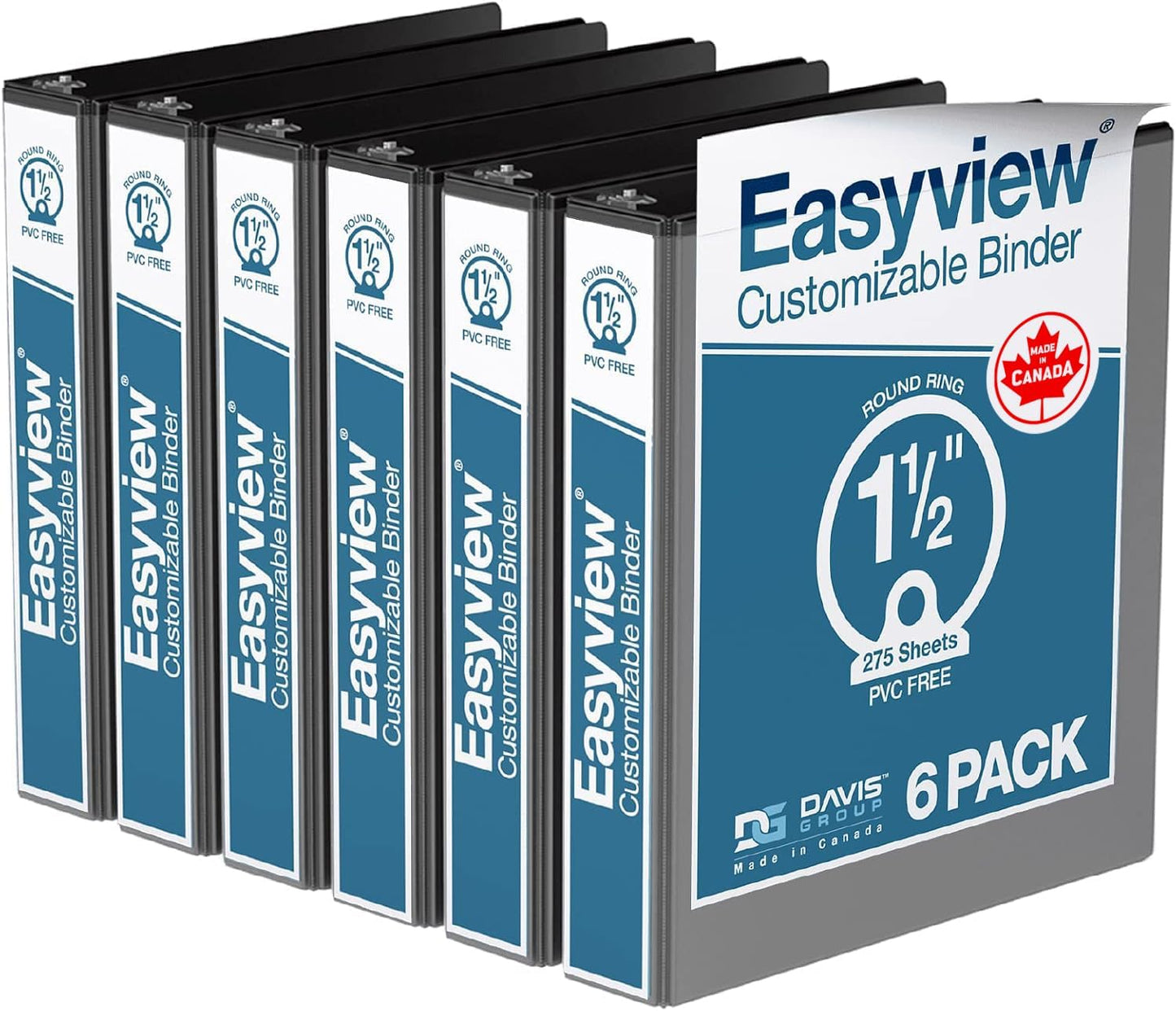 Easyview Premium 3-Ring Binders with Clear-View Covers and Round Rings, Binders for School or Office, 1.5 Inch, Pack of 6, Black