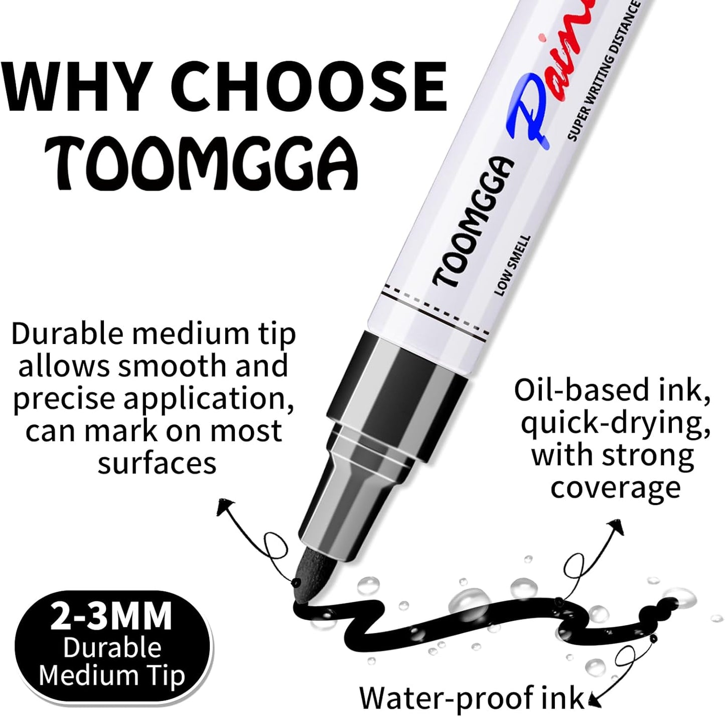 Black Paint Pens Permanent Paint Markers - 6 Pack Oil Based Marking Pens, Medium Point, Quick Drying and Waterproof Pens for Rock Painting Car Tyre Metal, Plastic, Canvas, Wood