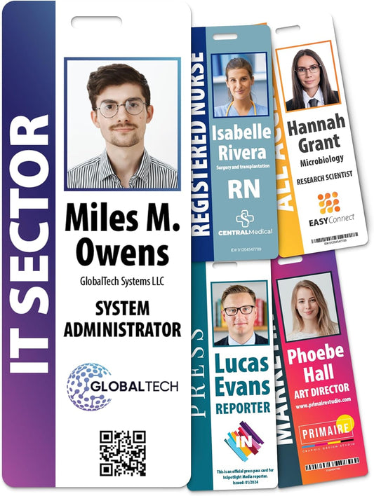 Custom Print Employee ID Badge with Vertical Side Text, Double Sided Print with Name, Photo, Logo, and Barcode – Unique Photo ID Card Solution (Vertical Oversize)