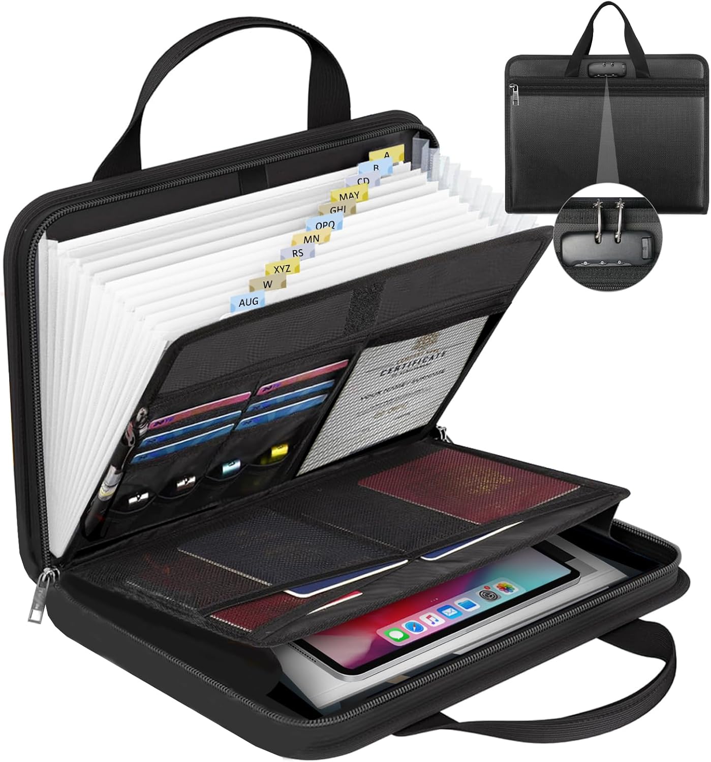 File Organizer Fireproof Expanding Accordion File Folder with Lock Zipper Labels13 Pockets Document Organizer Holder Storage Box Bag for Business Office Receipt Home Travel