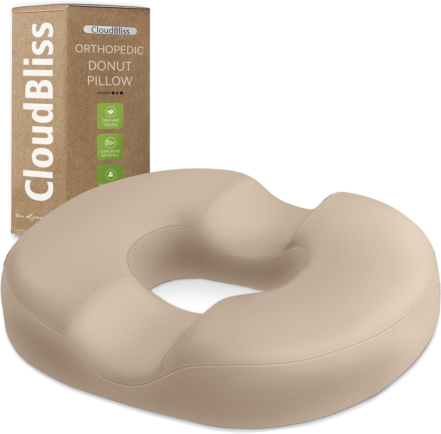 CloudBliss Donut Pillow Seat Cushion Chair Pad for Tailbone Pain Relief and Hemorrhoids, Memory Foam Seat Chair Cushion for Men and Women for Home & Office, (Khaki)