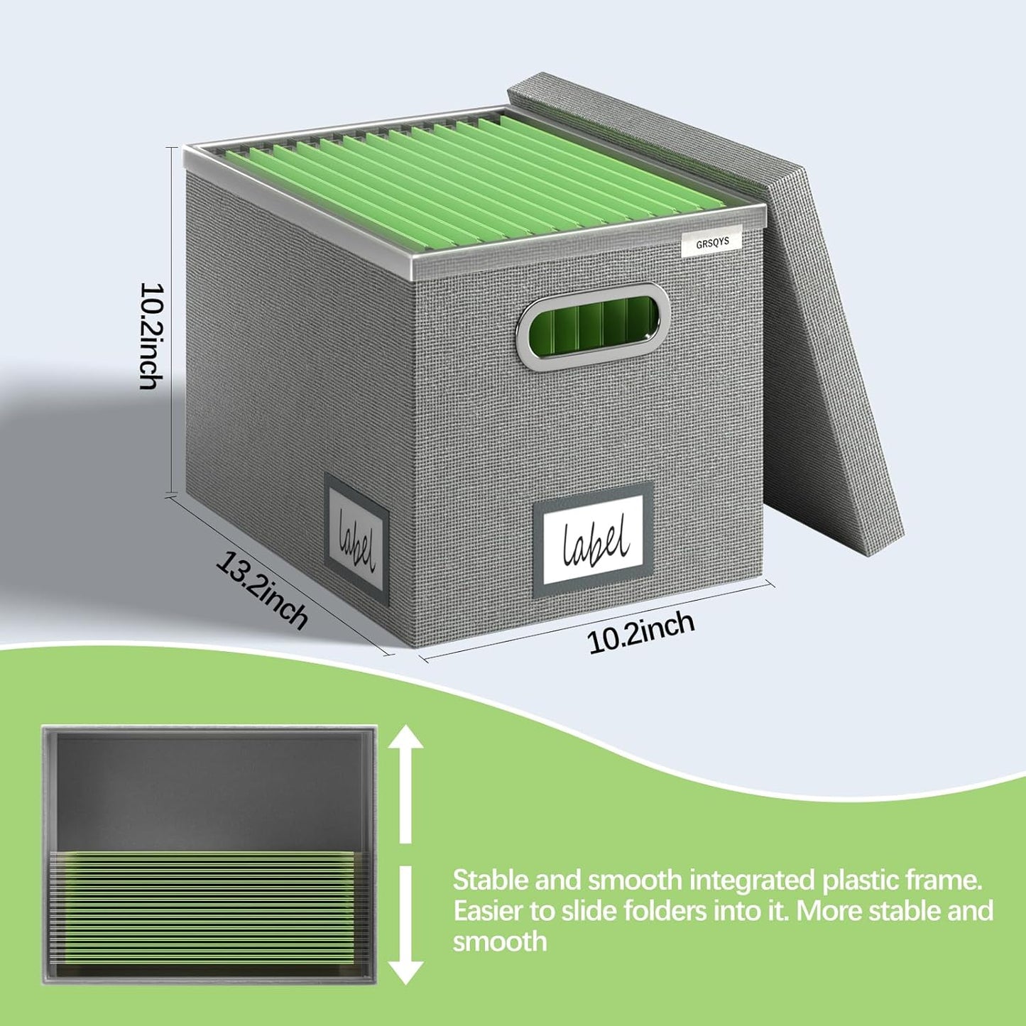 File Organizer Box - File Boxes for Hanging Files with Lid Set of 2 Decorative Hanging Folders Letter Size Organizer with One-Piece Plastic Frame Slides (Grey, 13.2 * 10.1 * 10.1in(2Pack))