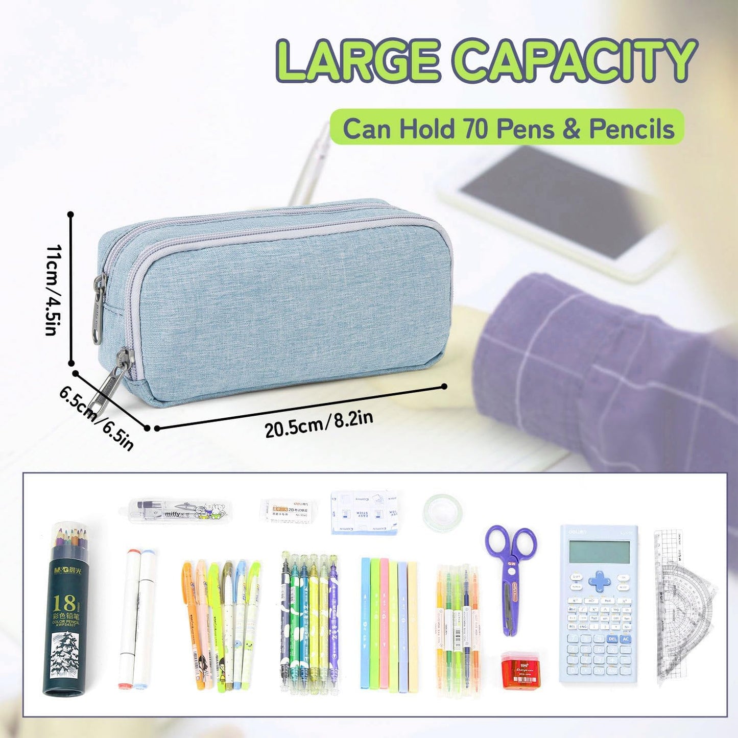 Della Gao Pencil Case Large Capacity Pencil Pouch for Adults (Light Blue)
