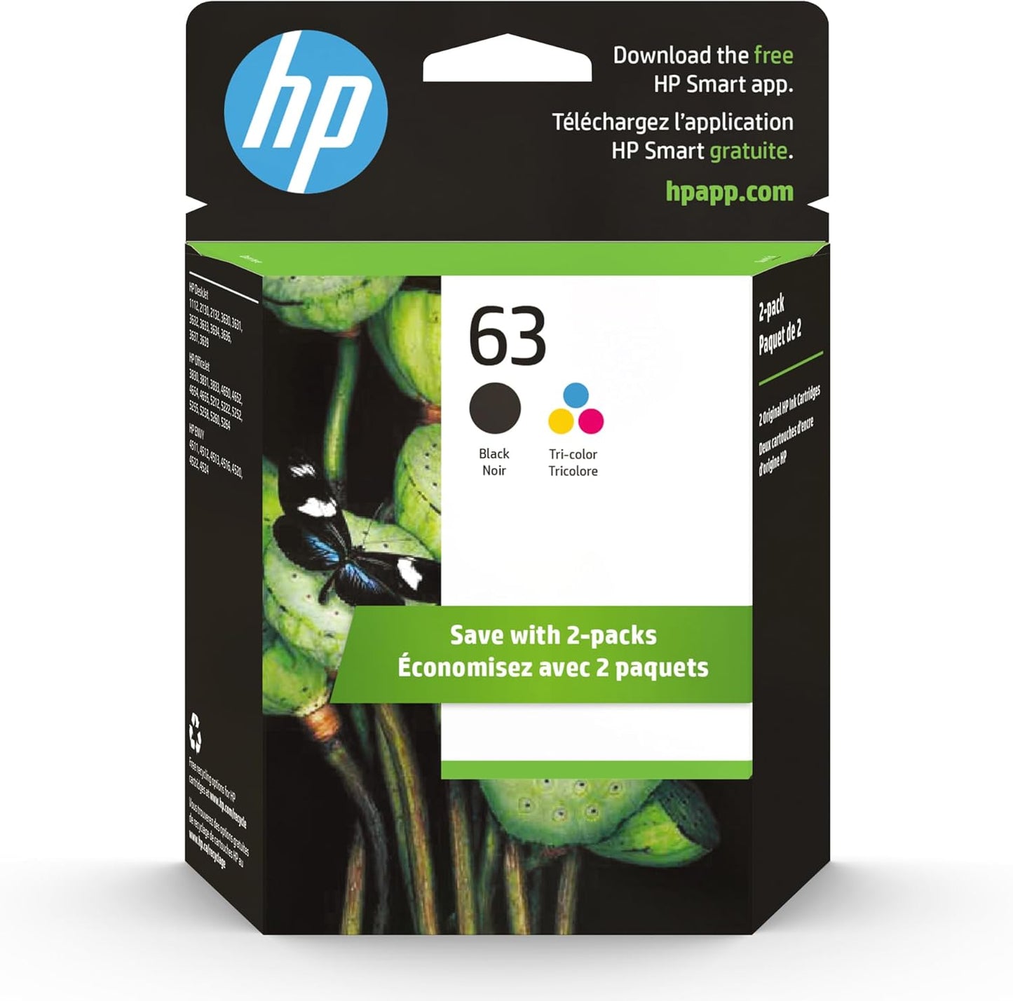 HP 63 Black/Tri-color Ink (2-pack) | Works with HP DeskJet 1112, 2130, 3630 Series; ENVY 4510, 4520 Series; OfficeJet 3830, 4650, 5200 Series | Eligible for Instant Ink | L0R46AN