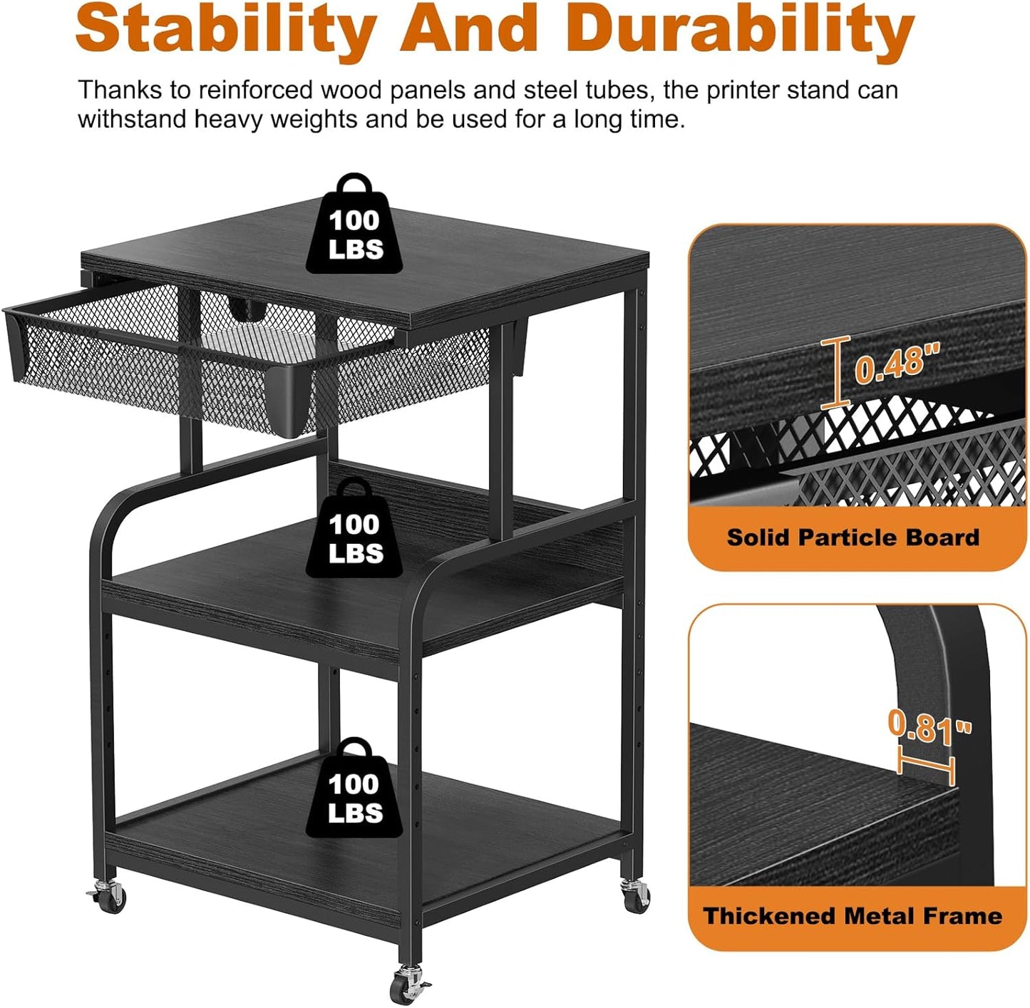 EasyCom Large Printer Stand with Storage Drawer, 5 Adjustable Shelf & 3-Tier Rolling Cart with Industrial Wheels for Desk, Mobile Printer Table for Home Office Fits 3D Printer Scanner Fax Black
