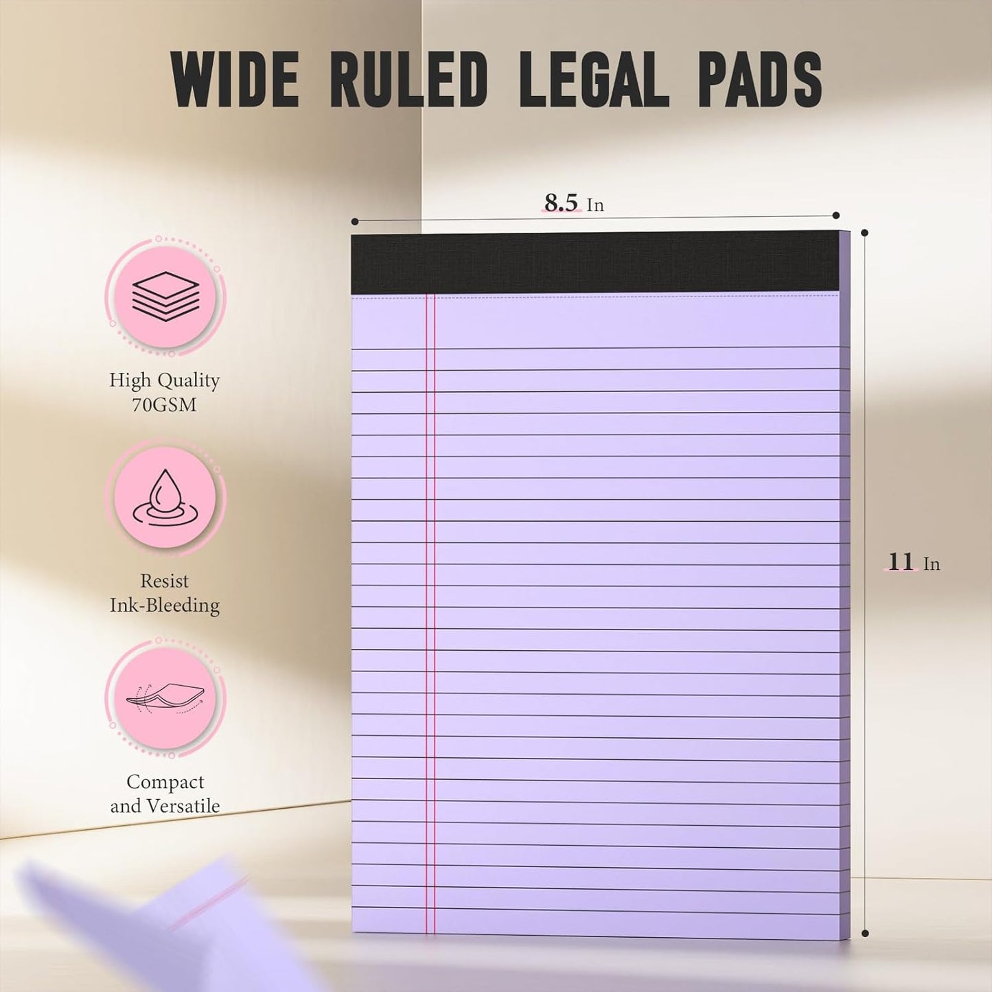 8.5 x 11 Legal Pads, 6 Pack Colored Legal Pads, Wide Ruled, Note Pads 8.5 x 11, Writing Pad, Multicolor Perforated Note Pads with Sturdy White Back, 30 Sheets Per Notepad for School, Home, Office