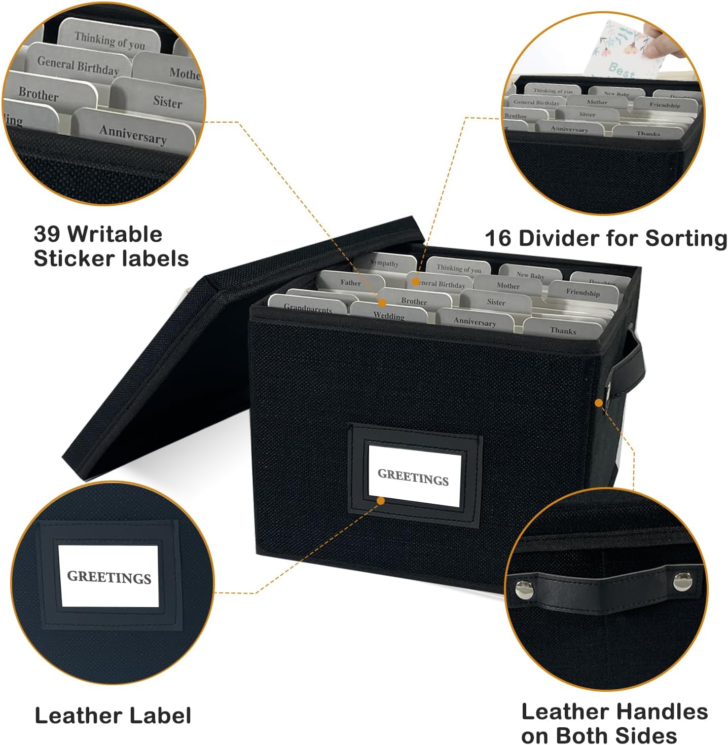 Greeting Card Organizer Box with 16 Dividers,Collapsible Greeting Card Storage Box with Handles Hold 150+ Cards,Greeting Card Holder for Greeting Cards,Sticker, Recipes, Photos, Envelopes
