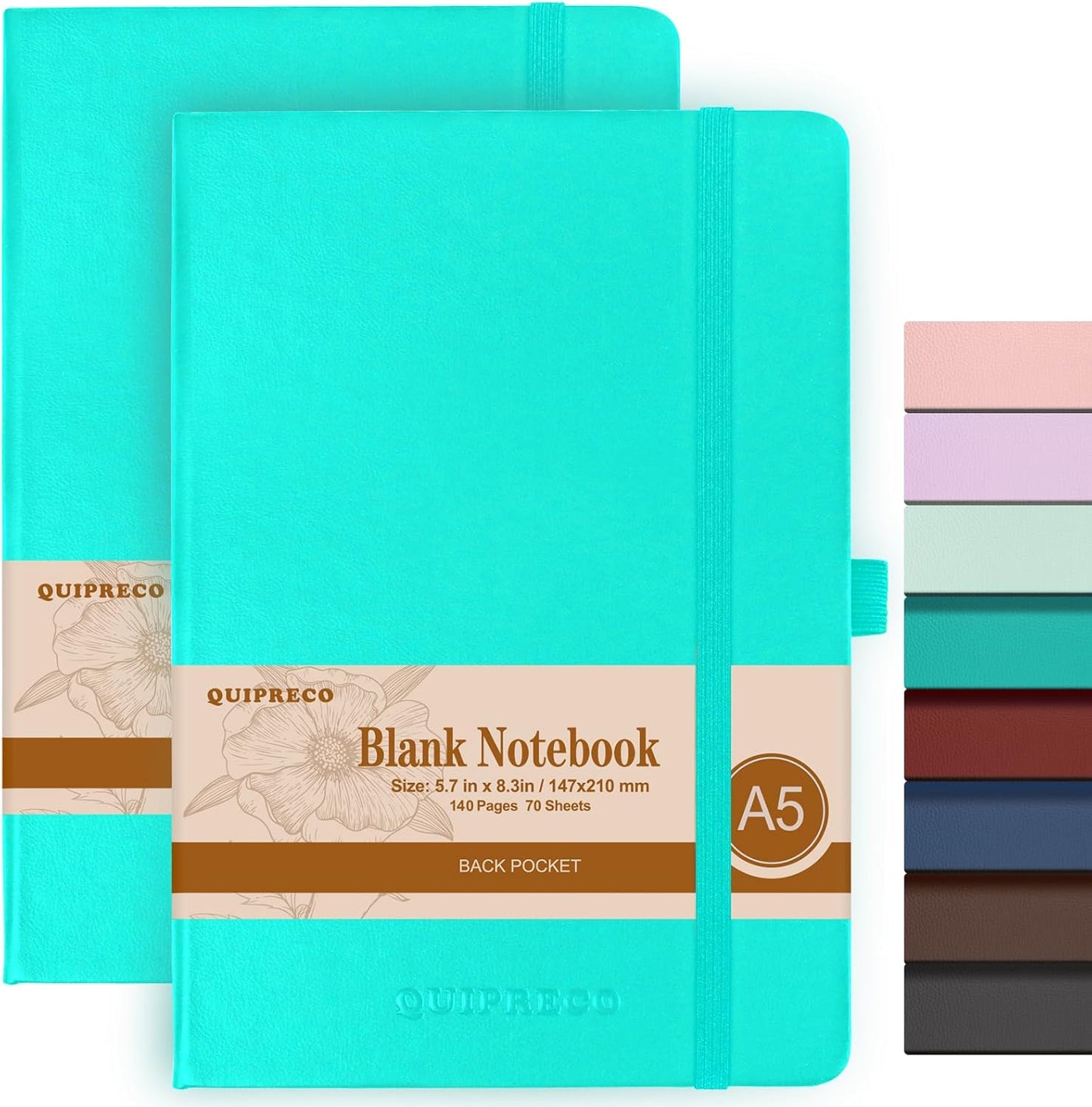 2Pack Blank Hardcover Sketch Book Notebook, A5 140 Pages 120Gsm Thick Journal for Drawing,School,Work,Diary，5.7''*8.3'',Turquoise