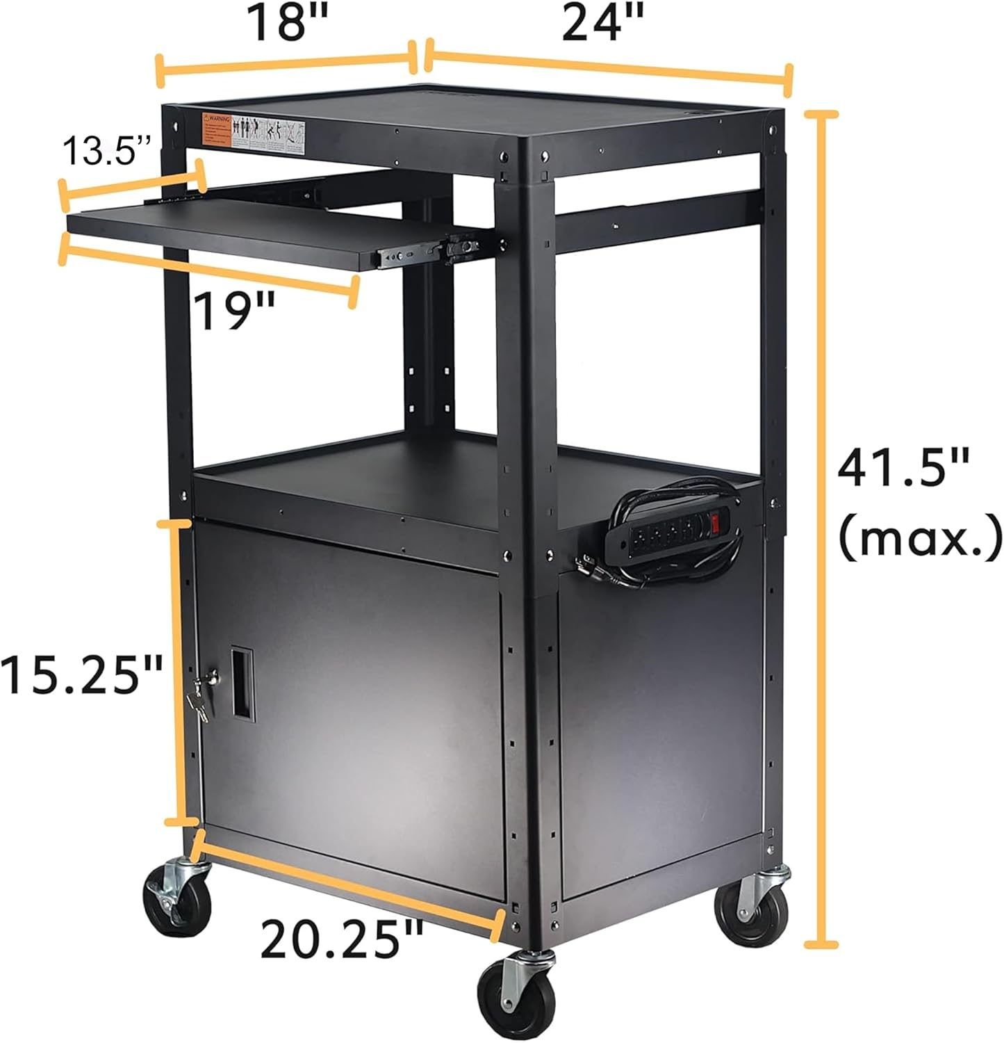 Height Adjustable Steel Frame AV Cart with Keyboard Tray - Comes with Locking Cabinet and 5ft 9in Power Strip Black