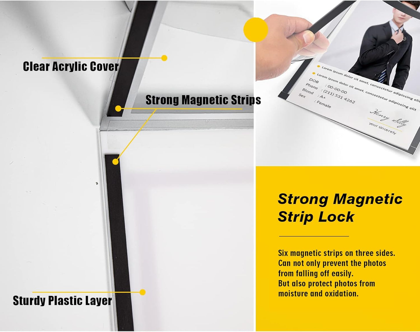 Acrylic Magnetic Sign Holder, Easy-Opening 8.5 x 11 Wall Mount Display Frames, Self Adhesive Back Plastic Clear Document Frame, Horizontal & Vertical Display (Silver, 3Pack)